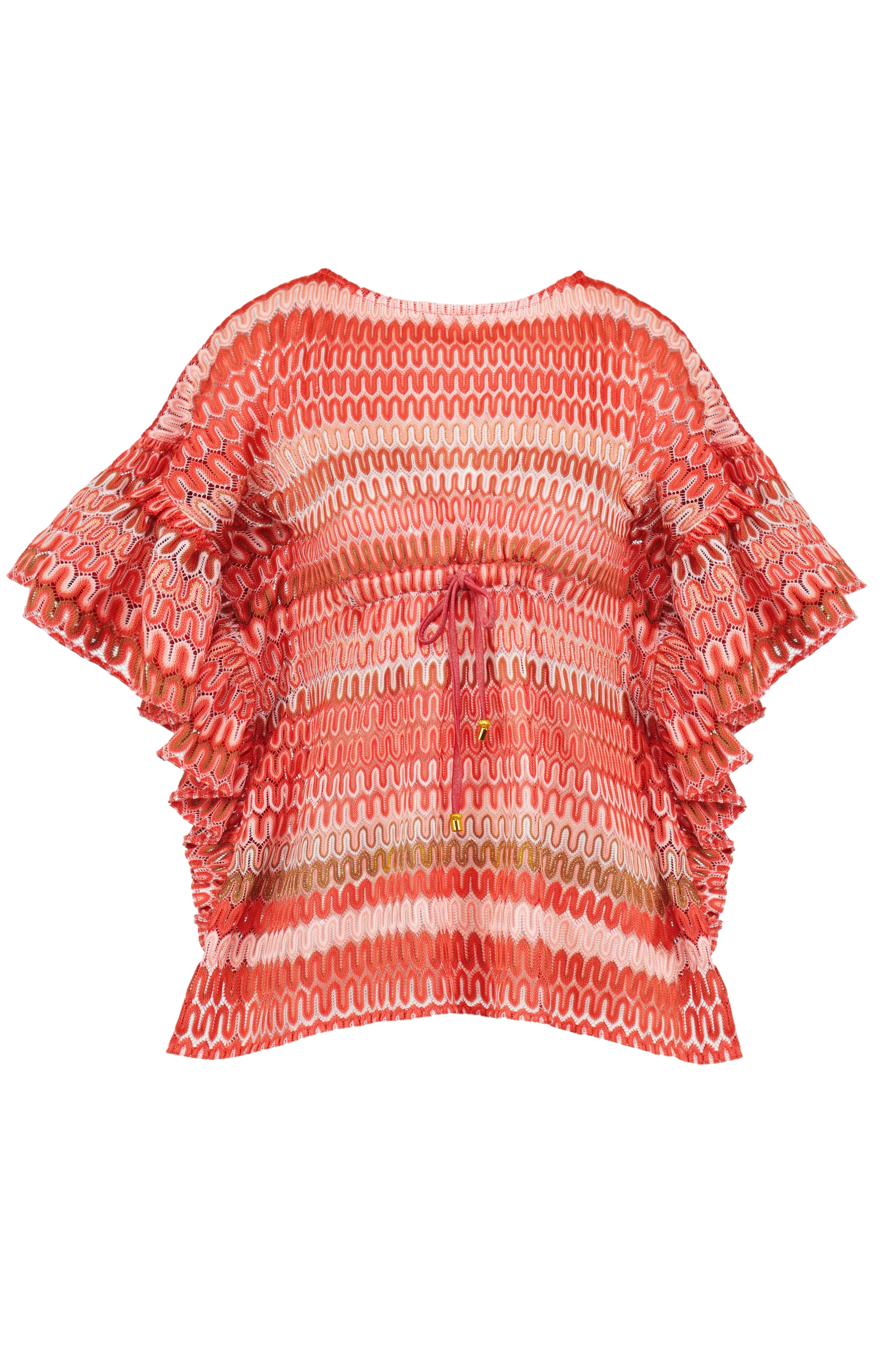 Lison Paris coral crochet kaftan with ruffled sleeves and adjustable waist tie