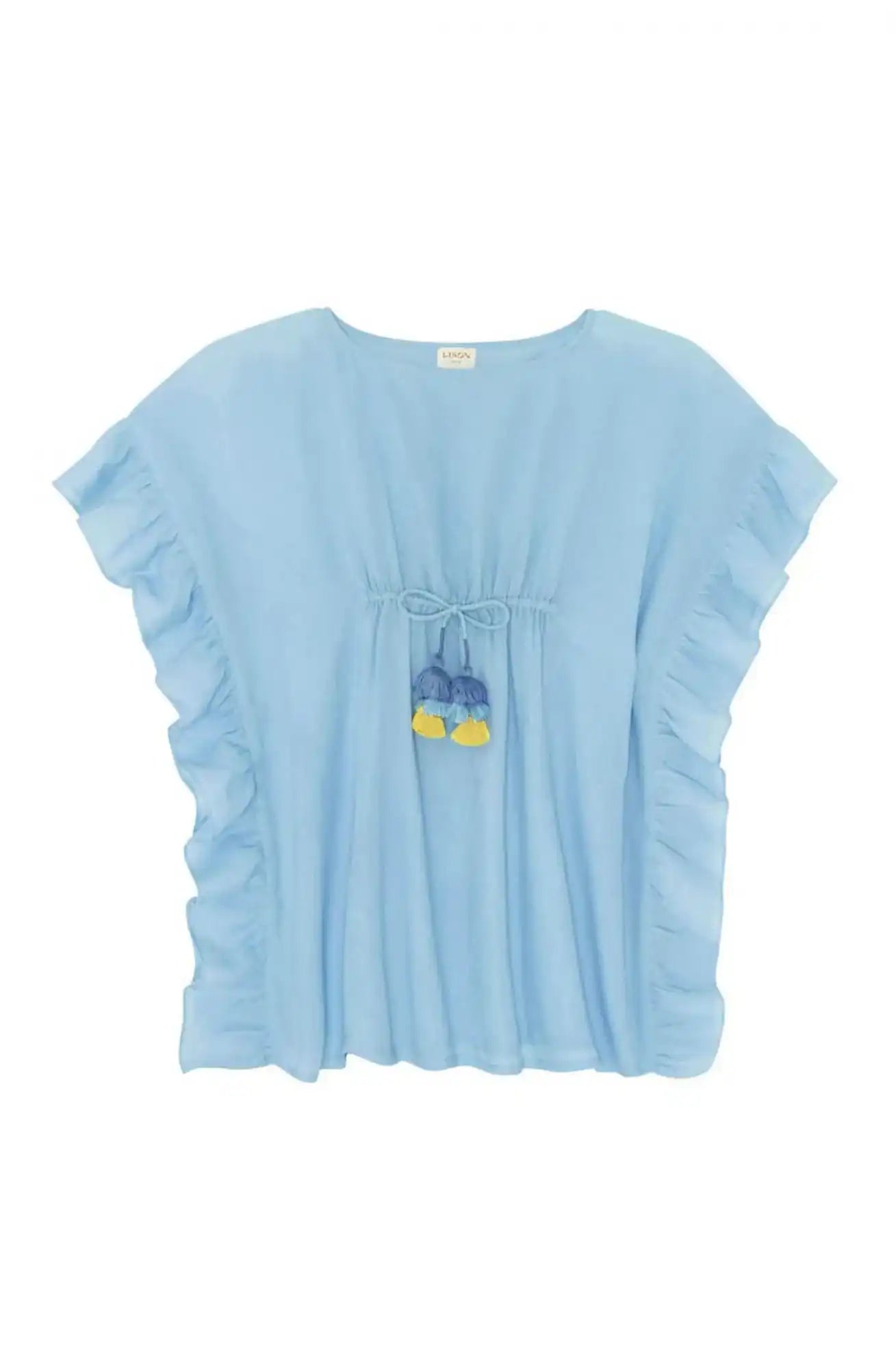 Girls sky blue caftan with ruffled sleeves and colorful tassels, Lison Paris beachwear.