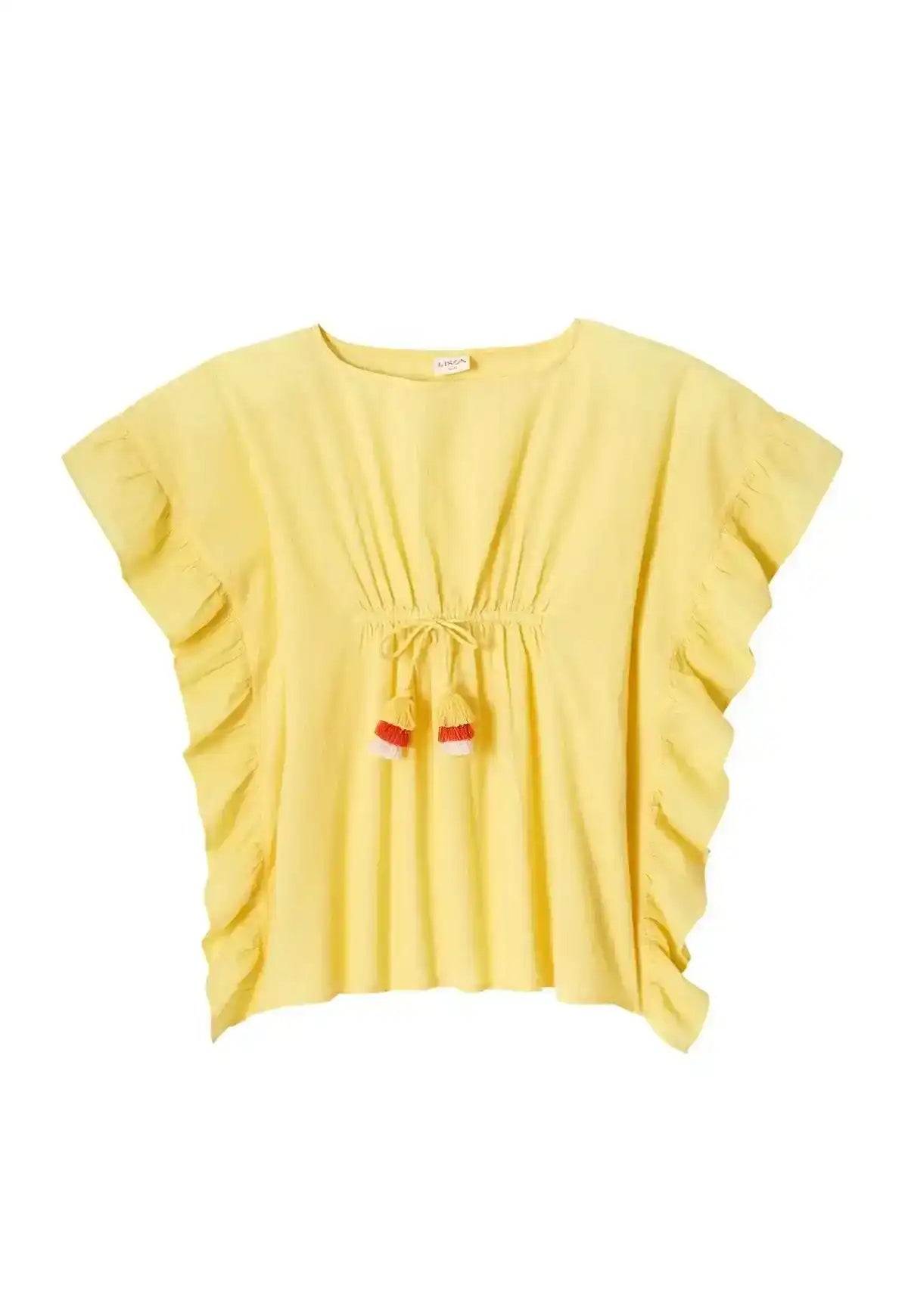 Lison Paris pale yellow girls’ caftan with ruffled sleeves and colorful tassel ties