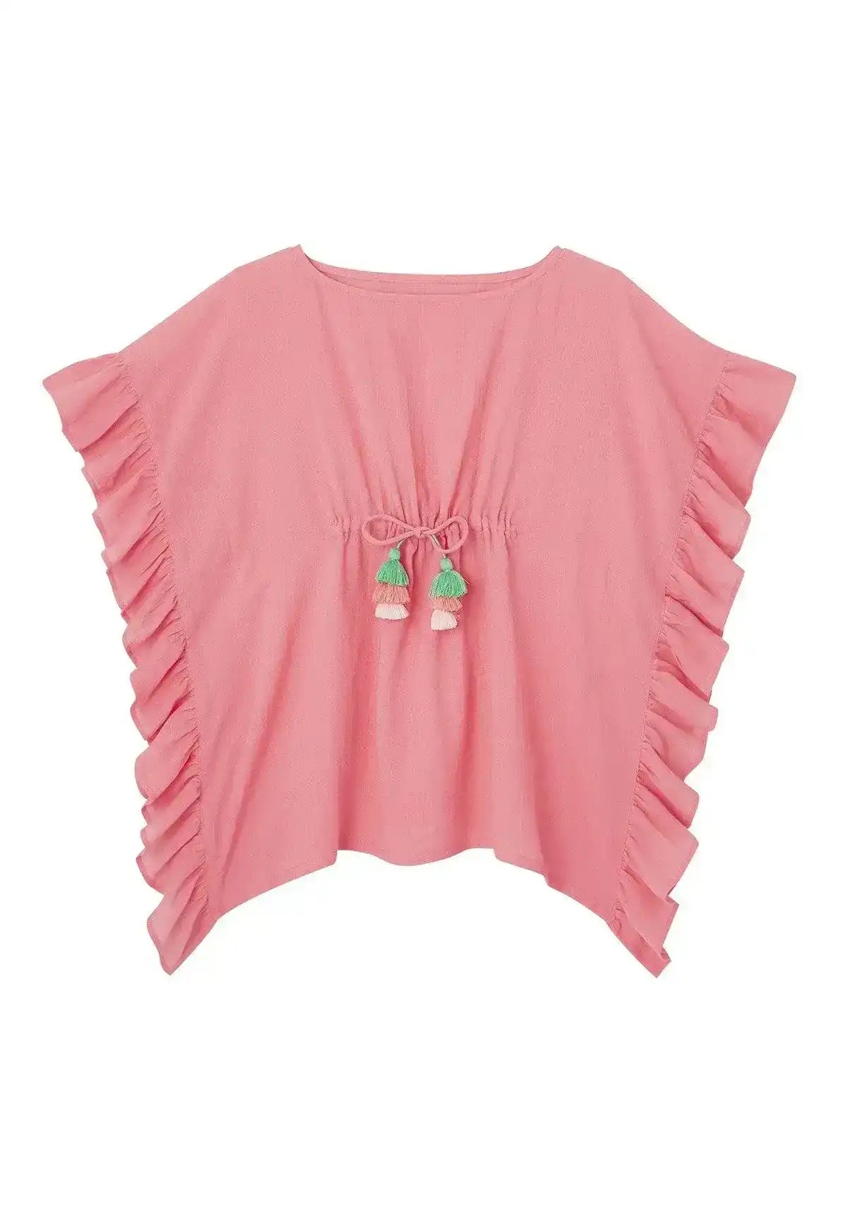 Pink girls' caftan with ruffle sleeves and colorful tassels, summer beachwear