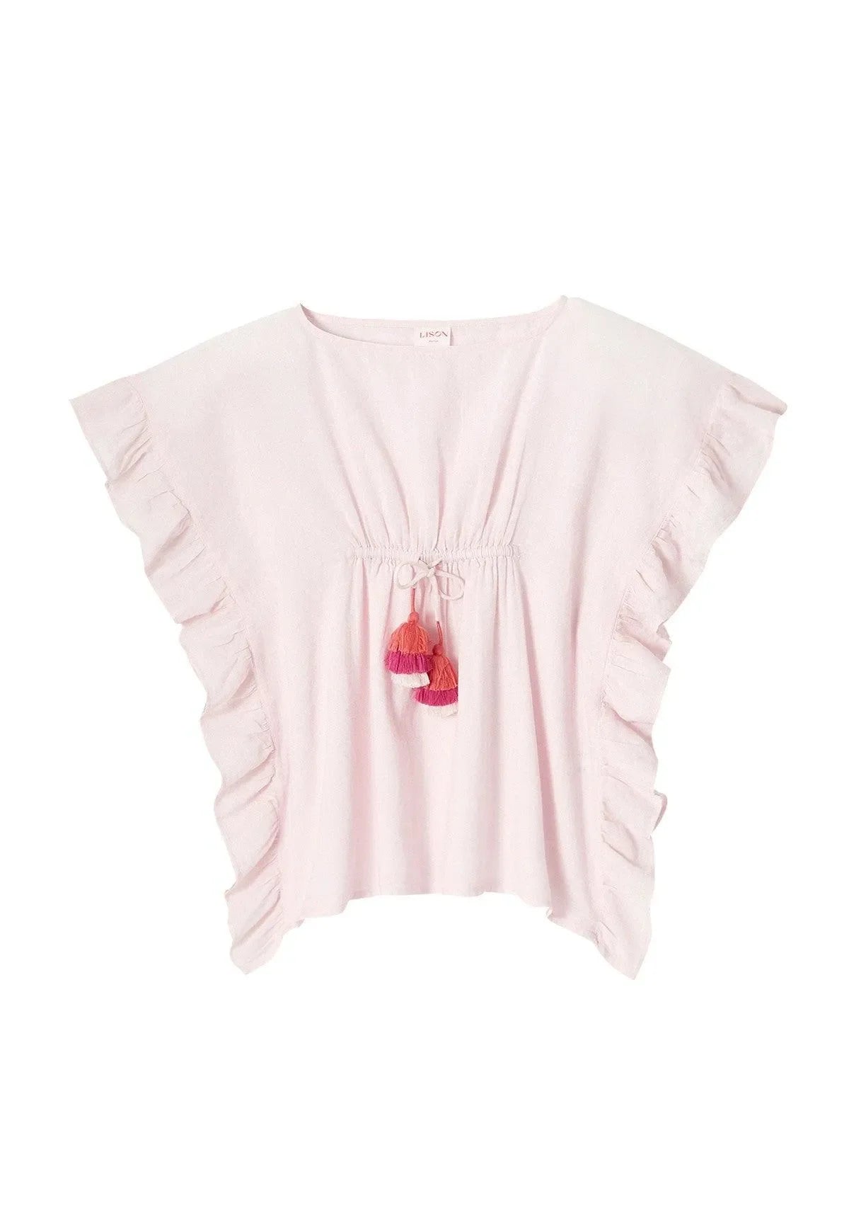 Light pink girl's caftan with ruffled sleeves and colorful pompon tassels front detail