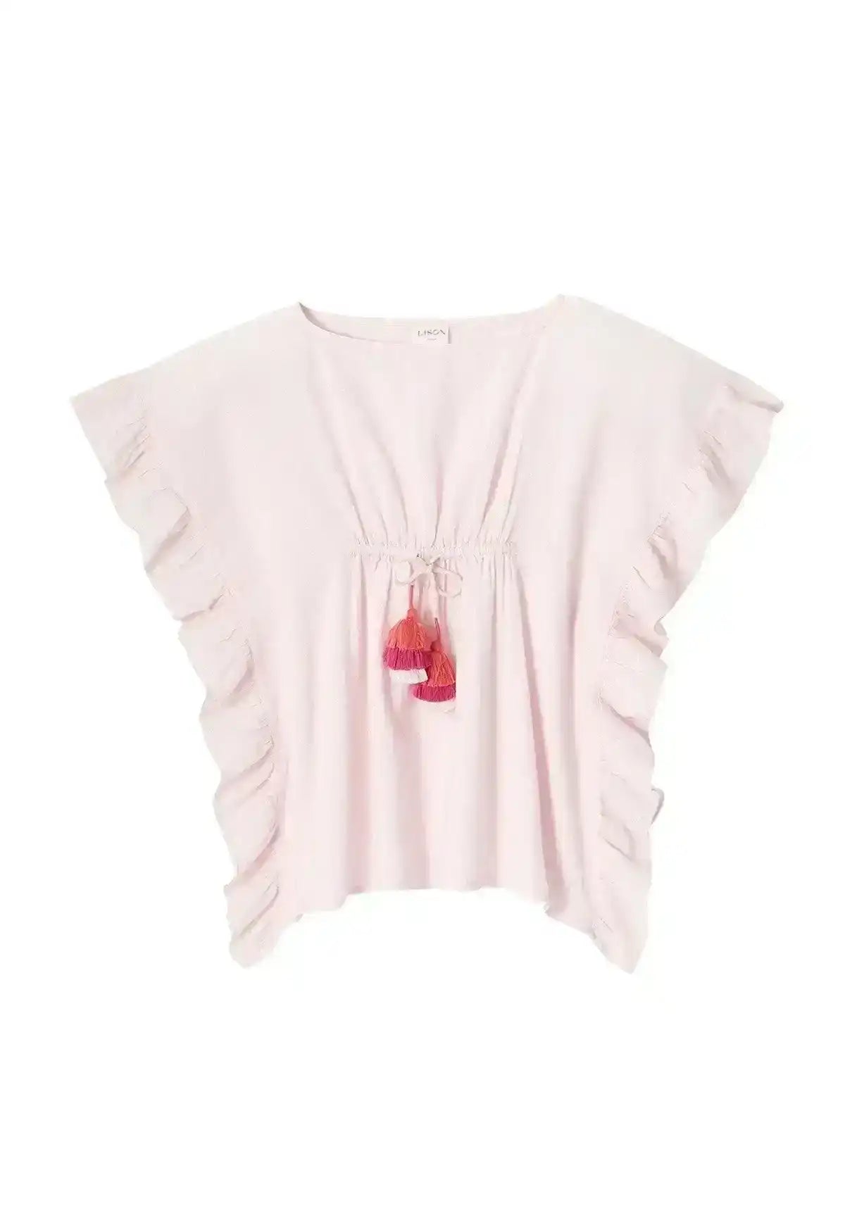 Light pink girls’ caftan with ruffled sleeves and pink-orange tassels, beachwear style