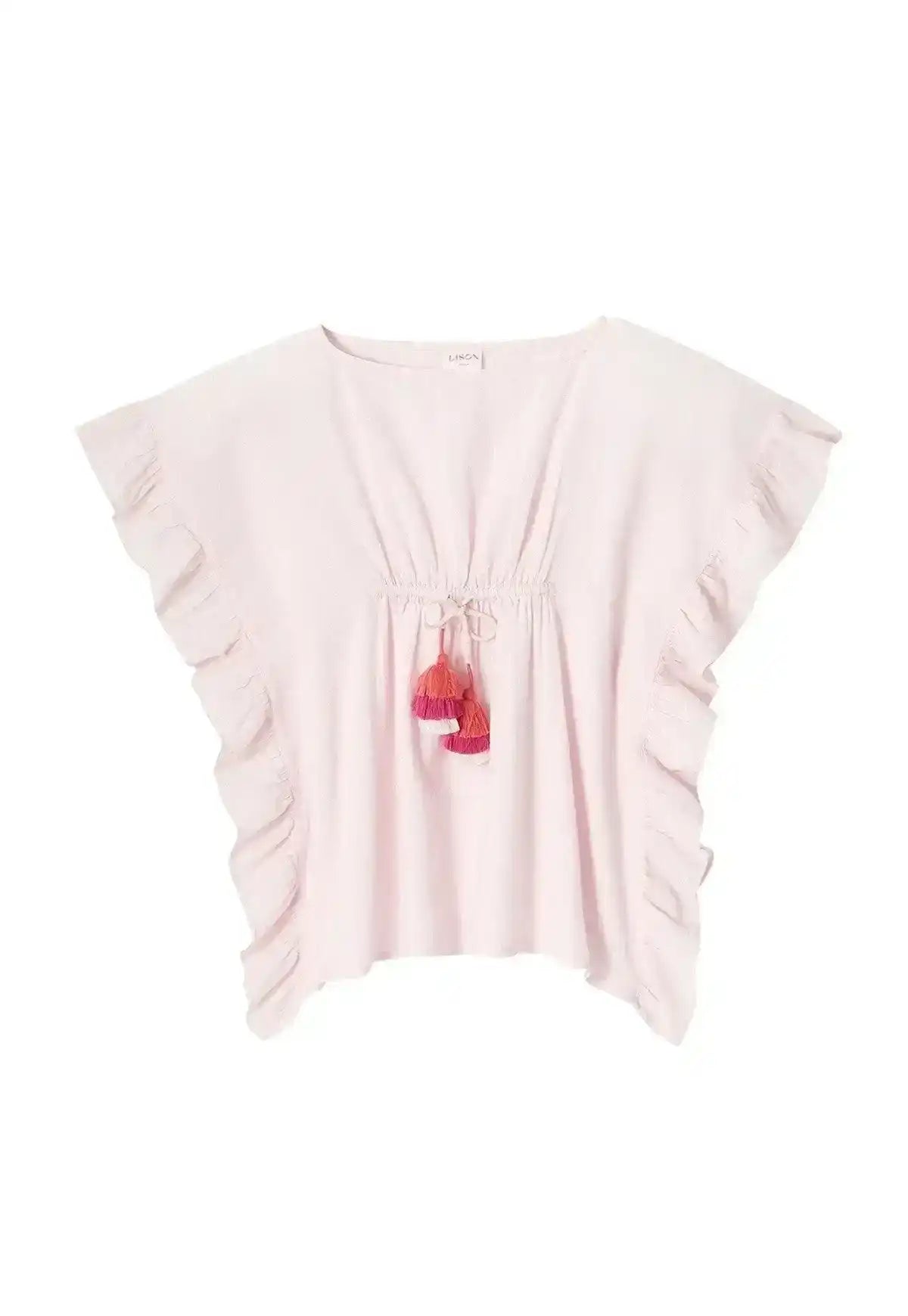 Light pink girls caftan with ruffle sleeves and pink-orange tassels, Lison Paris beachwear