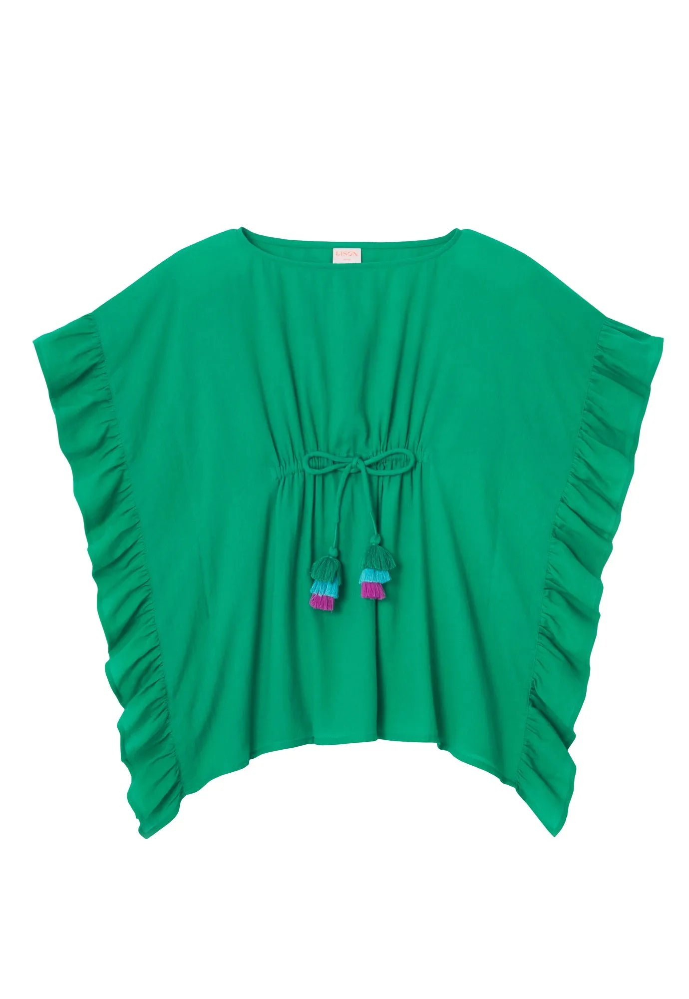 Green girl's caftan with ruffled sleeves and multicolor tassel tie detail