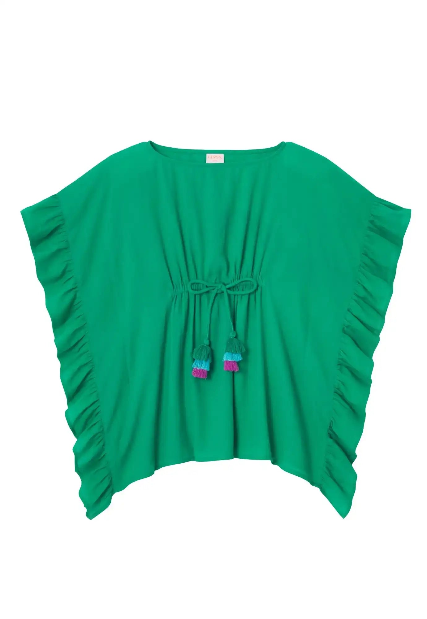 Green girls’ caftan with ruffled sleeves and colorful tassels, Lison Paris beachwear.