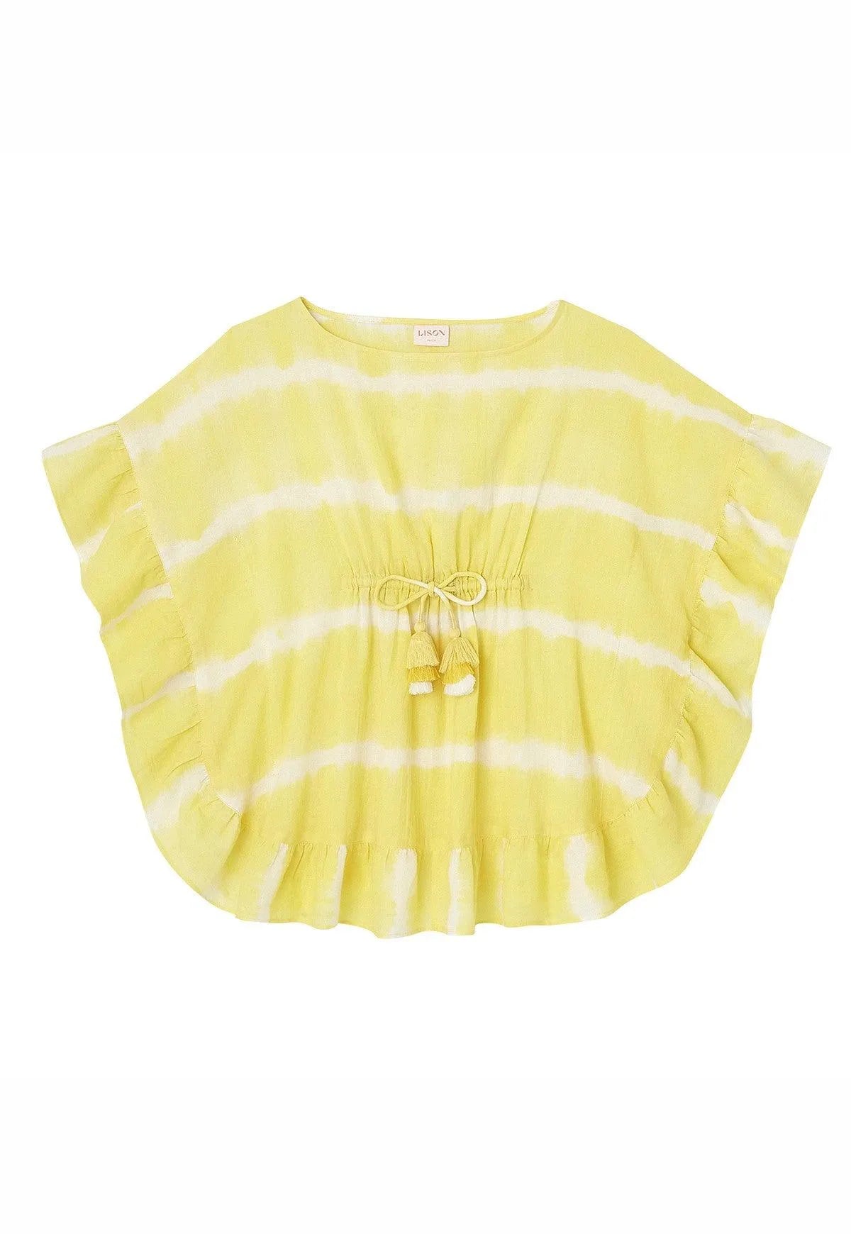 Yellow and white tie-dye caftan for girls with ruffled sleeves and tassel tie detail