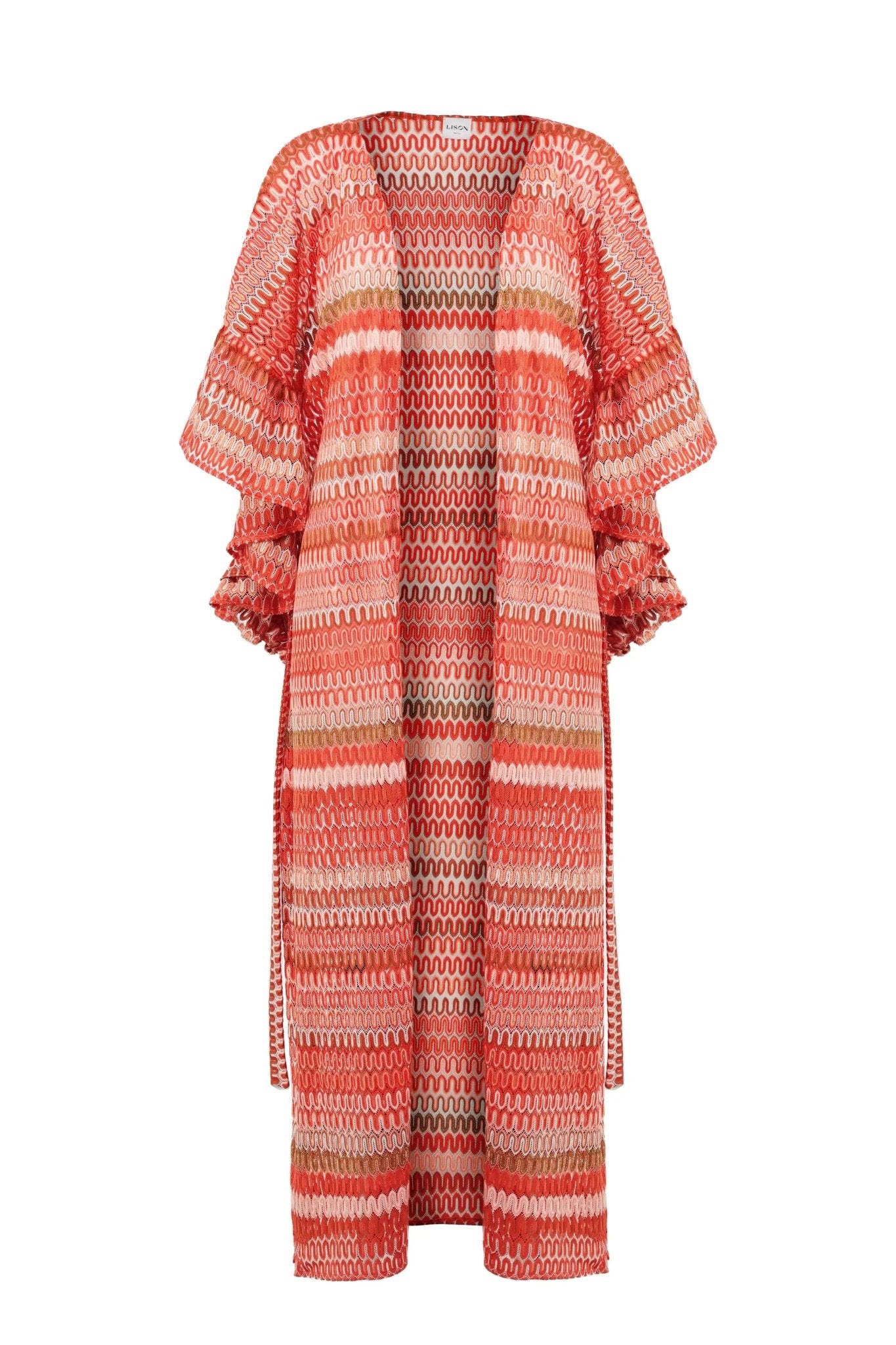Long crochet caftan for women in coral and gold with wavy stripes and flared sleeves