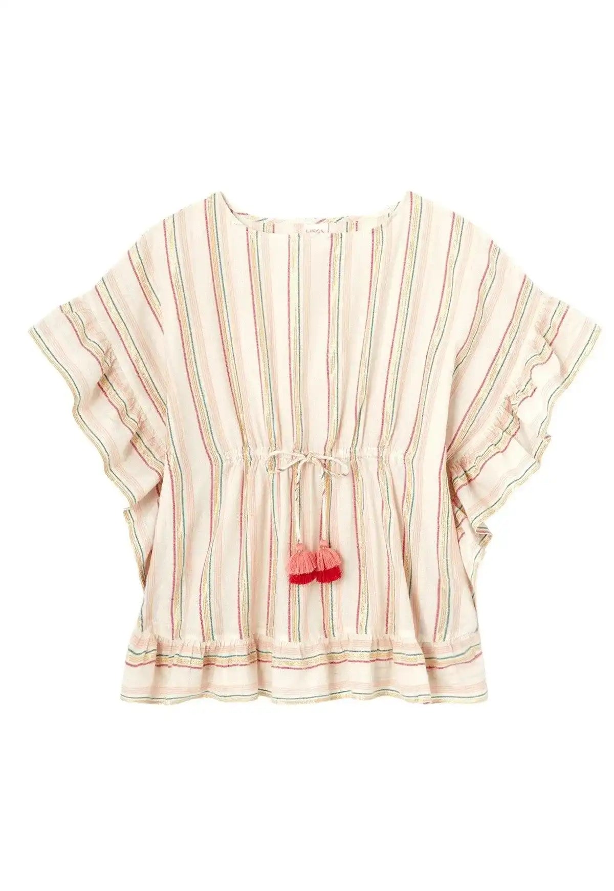 Girls’ striped caftan with gold lurex and tassel ties by Lison Paris, beachwear style