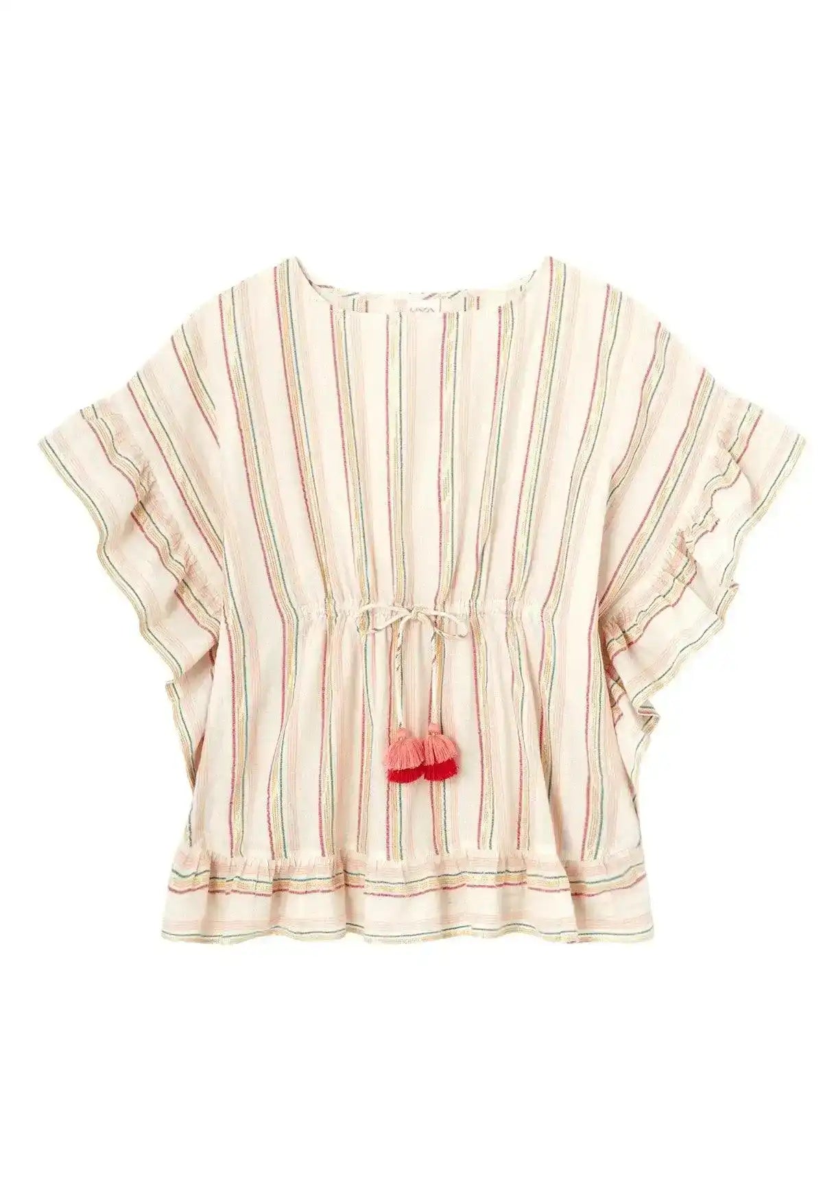 Girl's striped caftan with gold and pink lurex, short ruffle sleeves, pink tassel tie