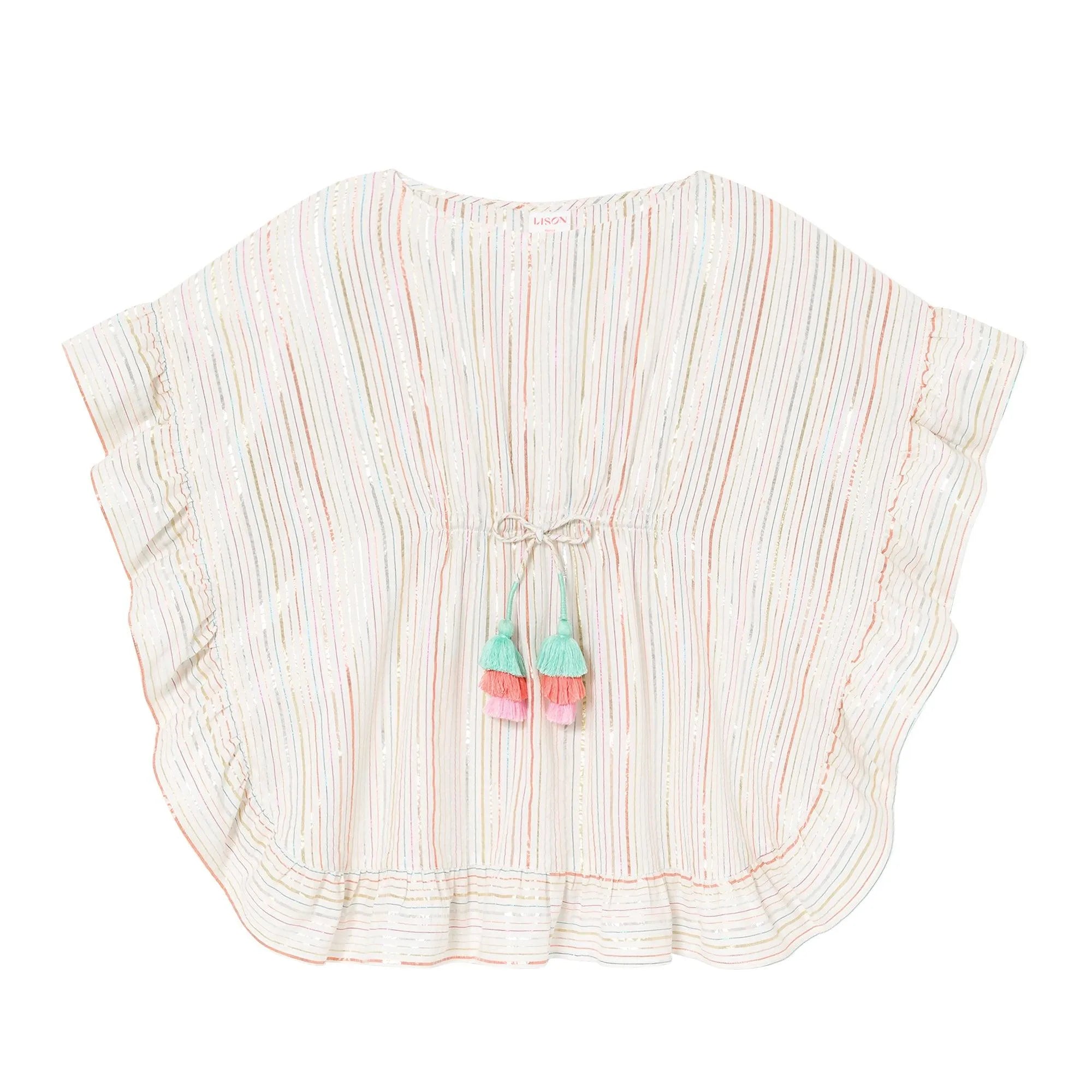 Light striped blouse with flutter sleeves and pastel tassel tie detail, summer fashion top