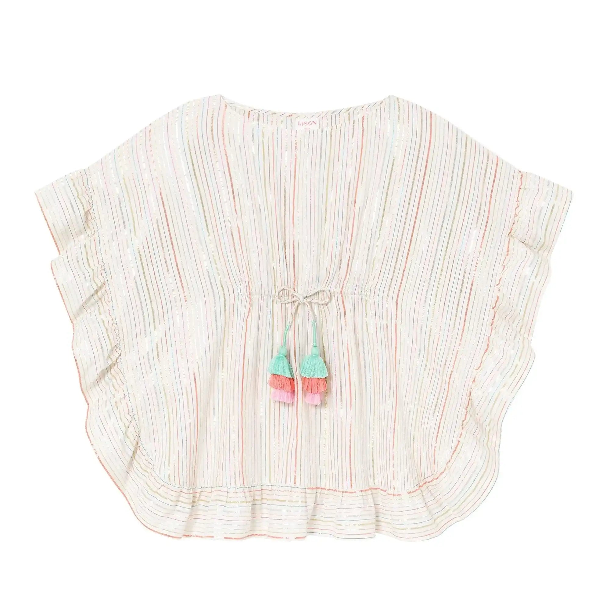 Striped lurex caftan with pastel pink and green tassels, Lison Paris beachwear for kids.