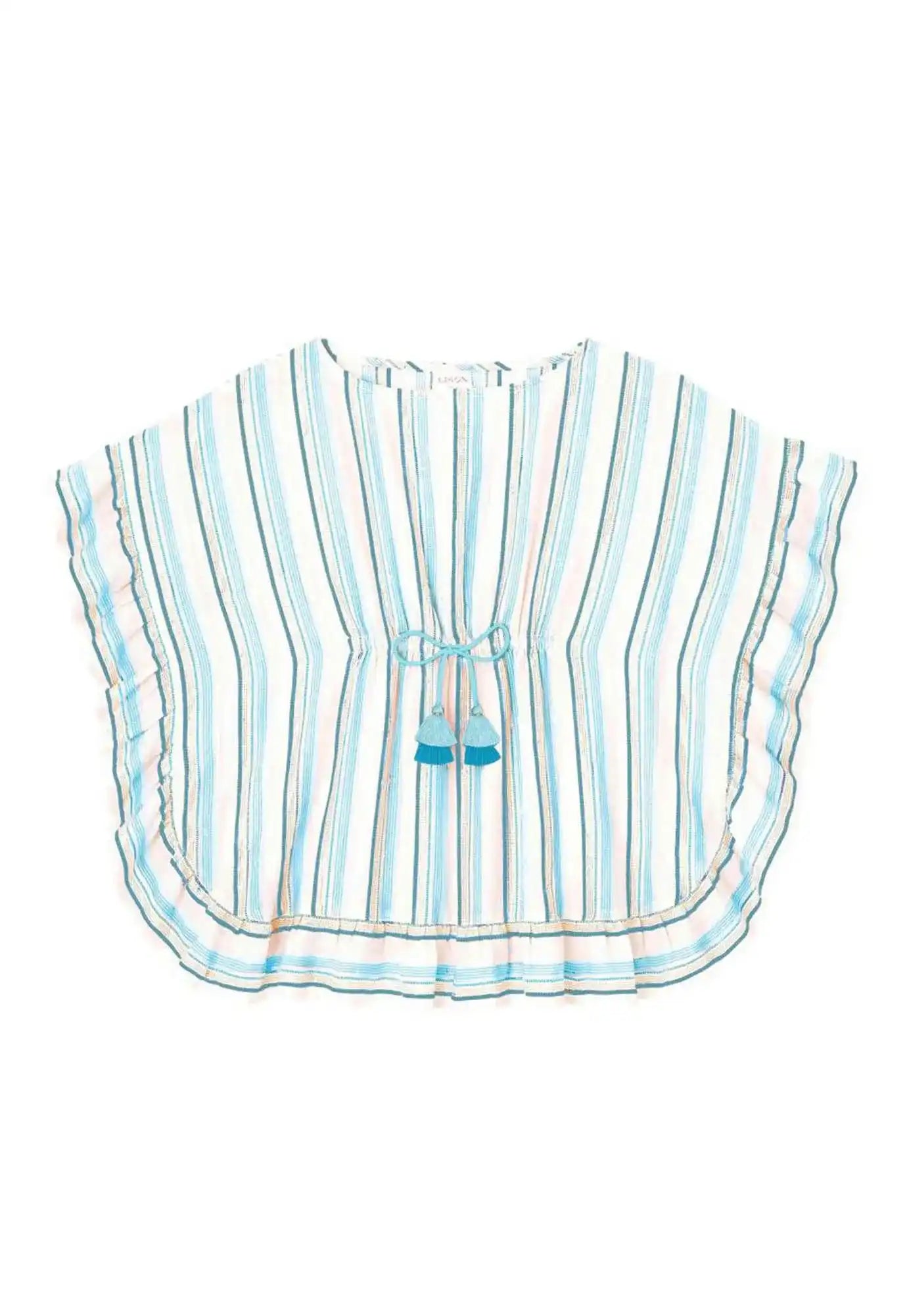 Lison Paris girls' aqua and gold striped caftan with lurex and tassels, beachwear