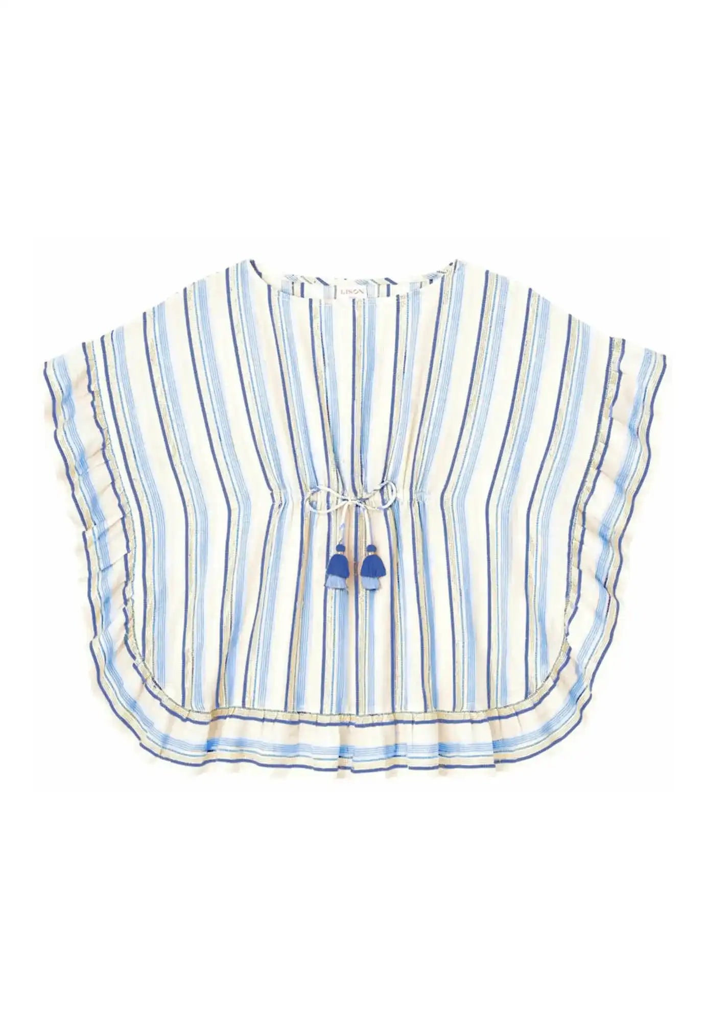 Lison Paris girls' caftan with white, blue, and gold stripes and blue tassel ties
