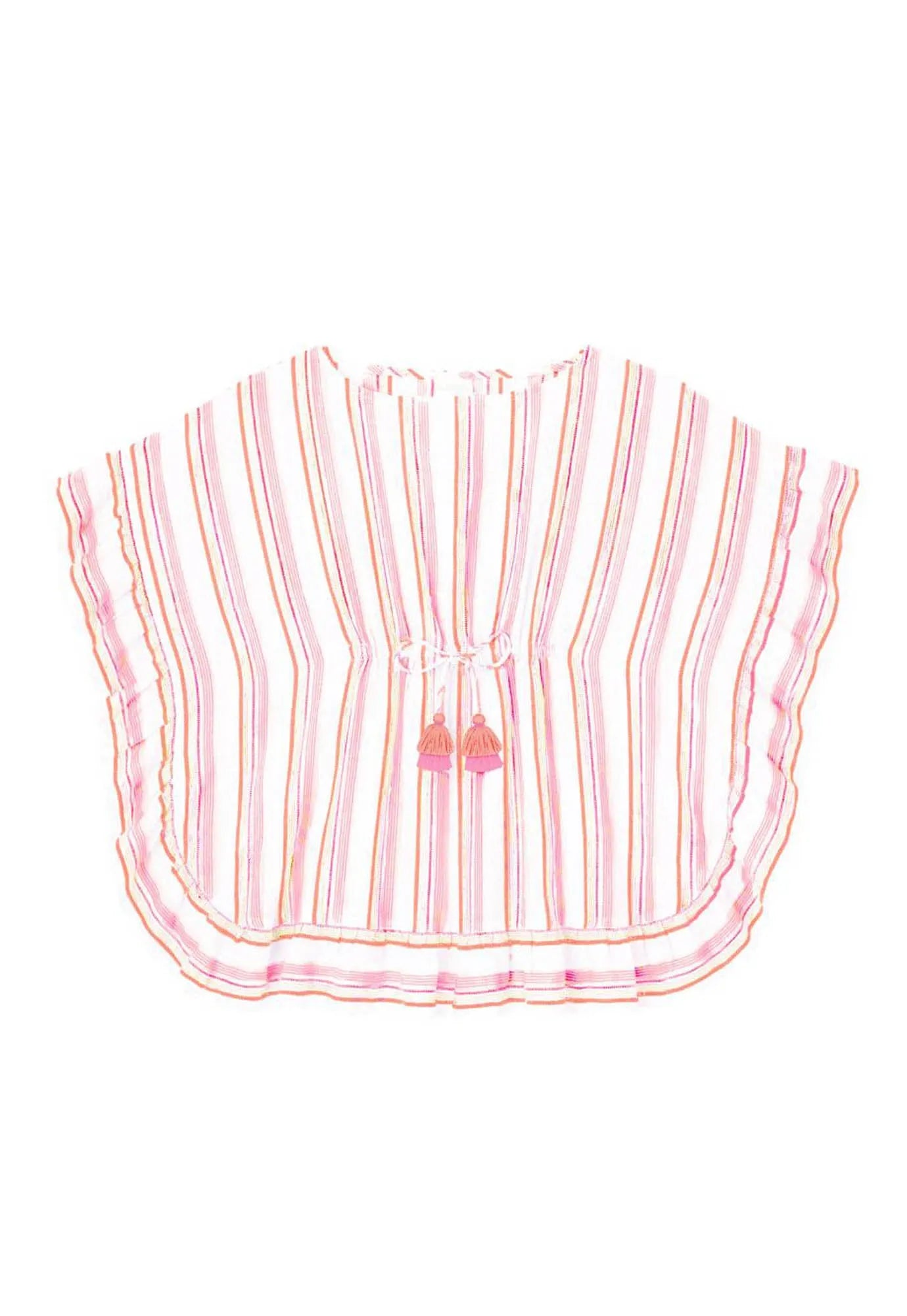 Lightweight girls caftan with vertical pink and orange stripes and tassel ties