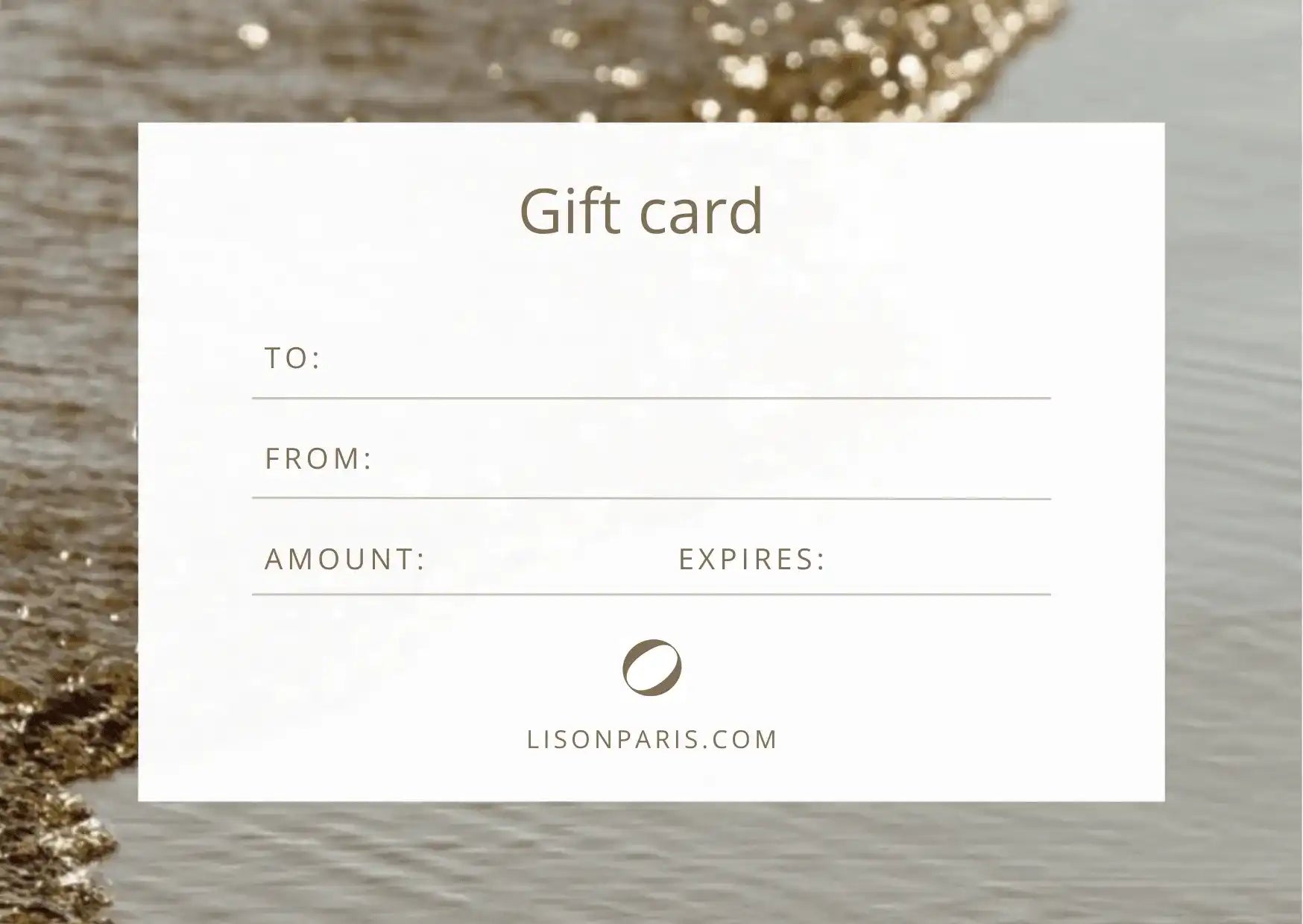 Lison Paris gift card on beach background, blank fields for recipient, sender, amount, and expiry date.