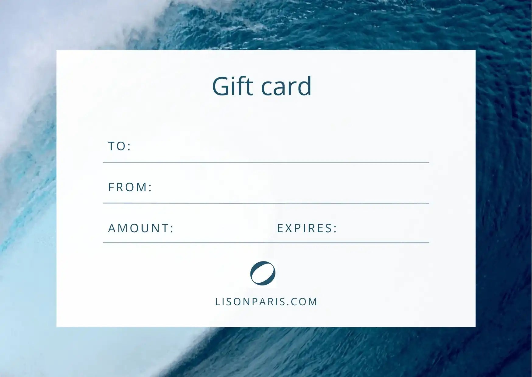 Lison Paris gift card template on an ocean background, featuring fields for recipient, sender, amount, and expiration date.