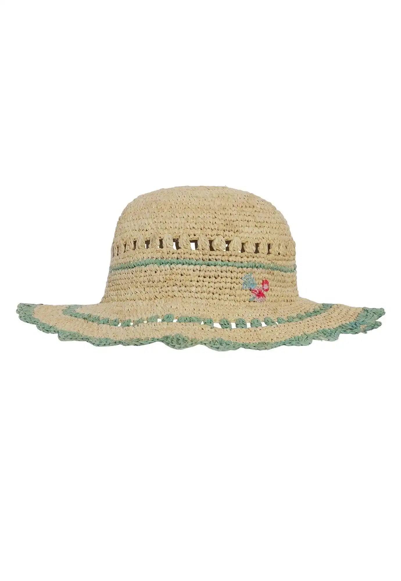 Girls' raffia beach hat with green trim and small floral embroidery, Lison Paris beachwear
