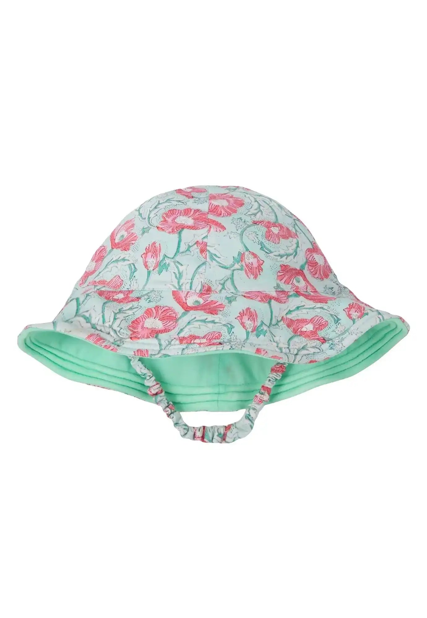 Blue floral sun hat for girls with pink flowers, strap, and mint green lining, Lison Paris