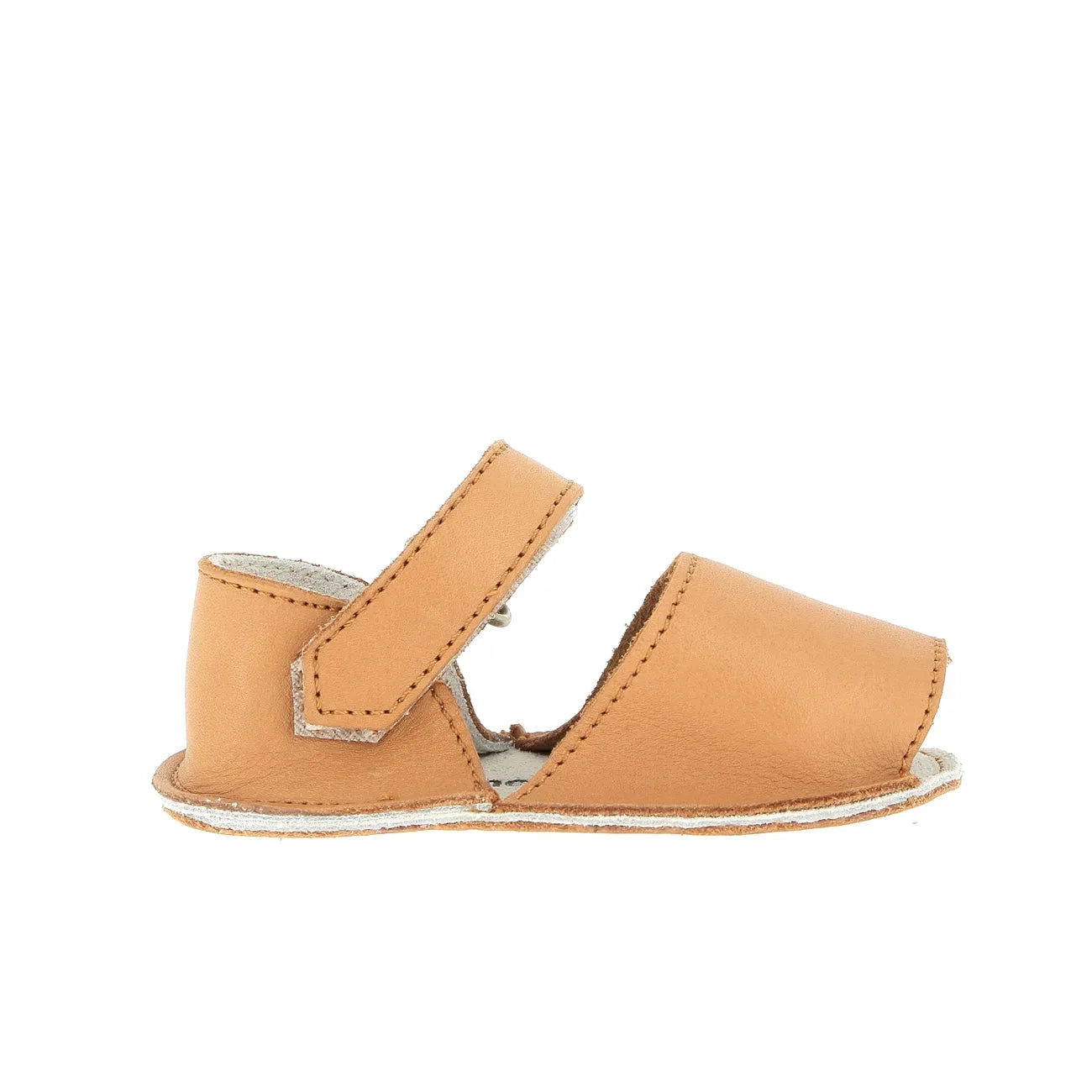 tan natural leather baby sandal with open toe and Velcro strap on white background