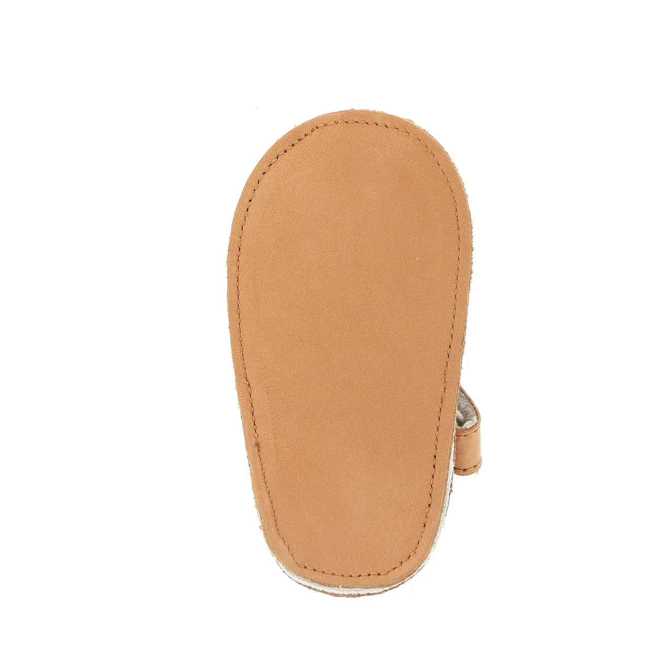 Natural tan leather sole of a baby soft baby shoe with visible stitching