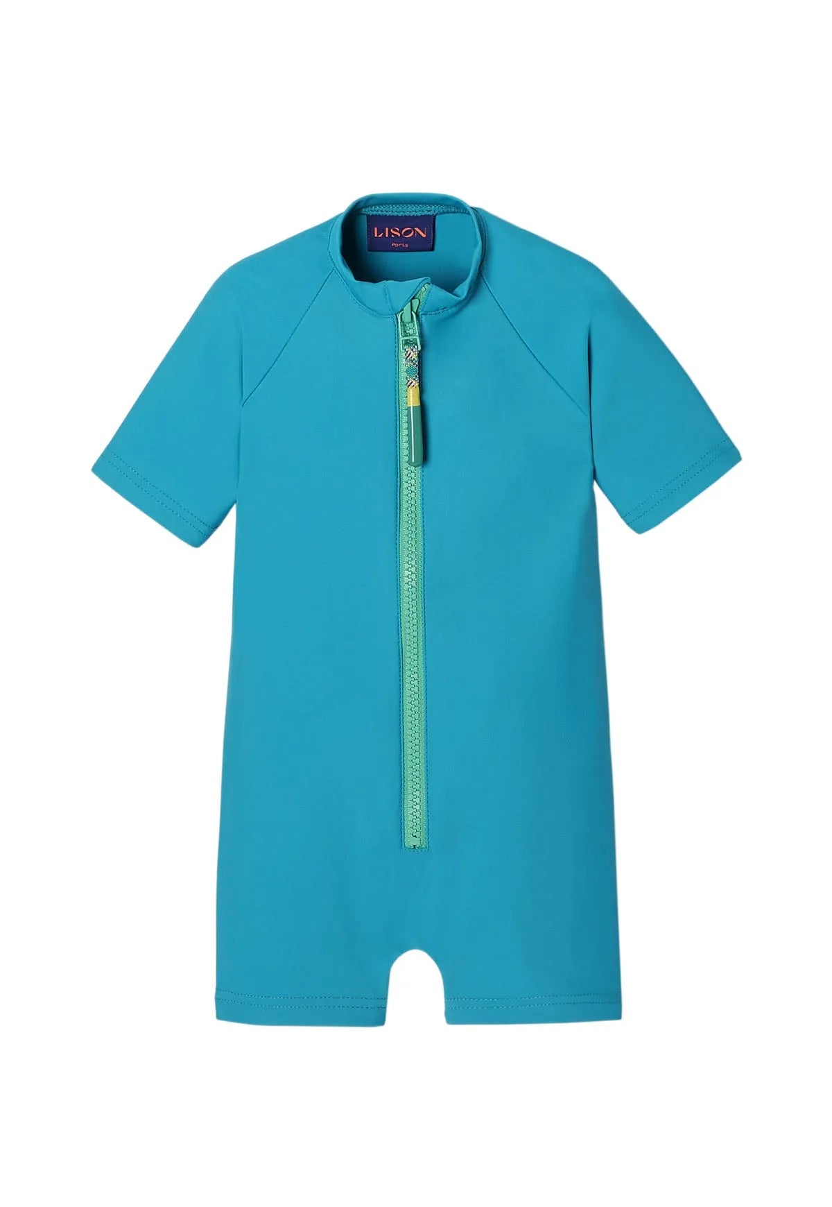 Blue short-sleeve children's wetsuit with front zipper by Lison Paris