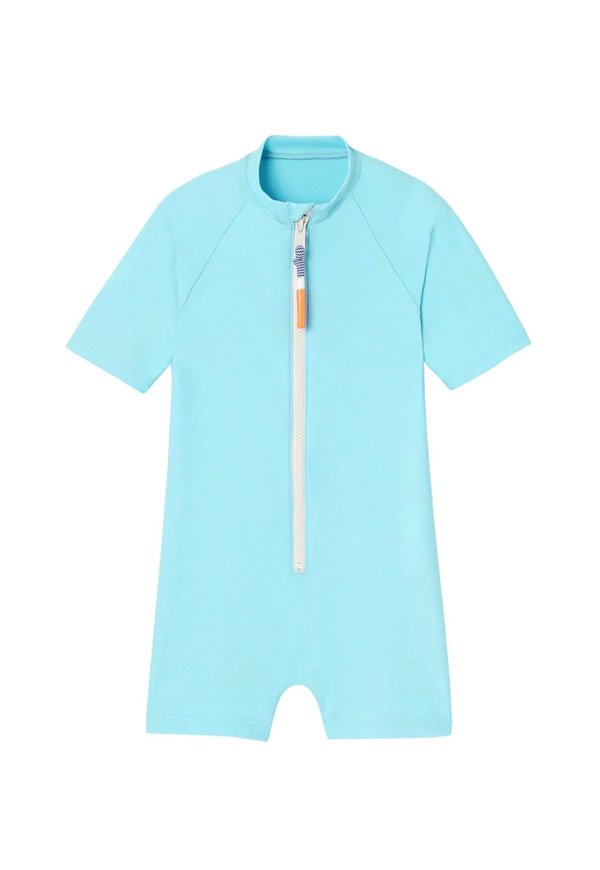 Light blue short sleeve UV protection boys' swim romper with front zipper