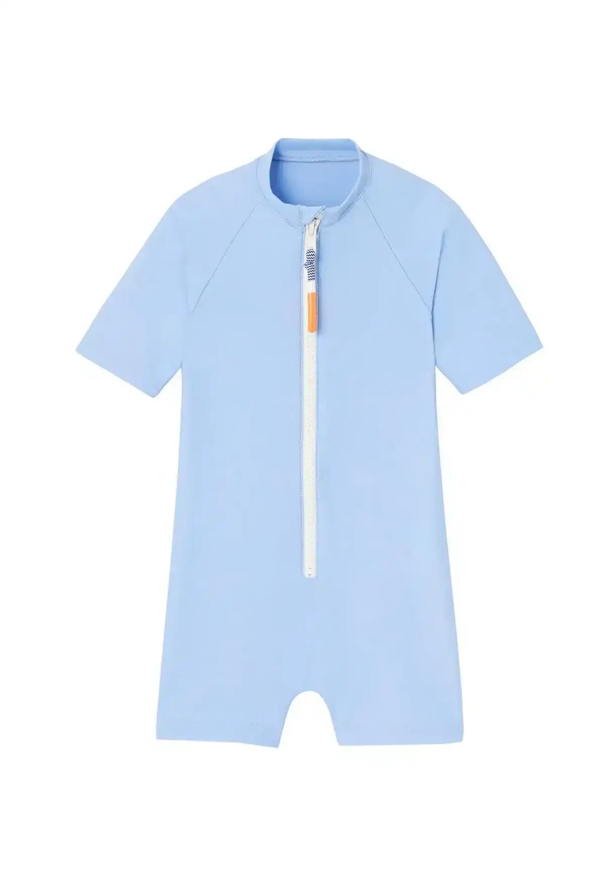 Light blue boys' short-sleeve UV-protective swimsuit with front zipper