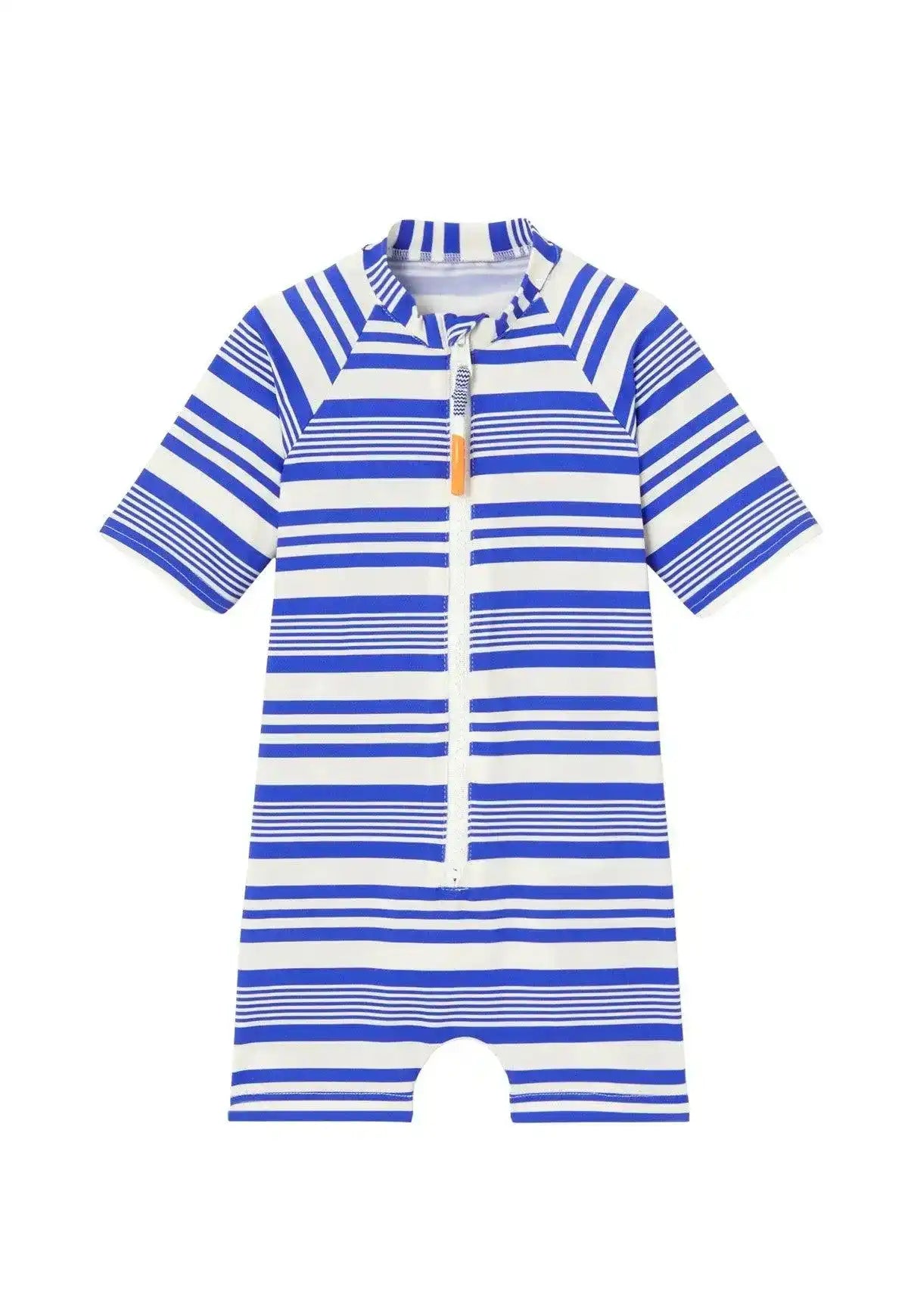 Boy's short-sleeve UV protection swimsuit with blue and white stripes and front zipper