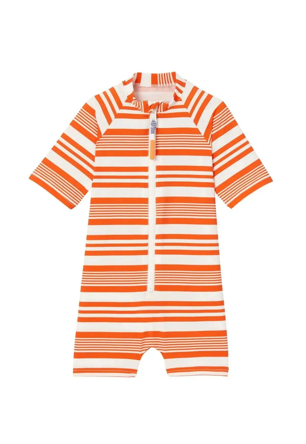 Boy's orange and white striped short-sleeve UV-protection swimsuit by Lison Paris