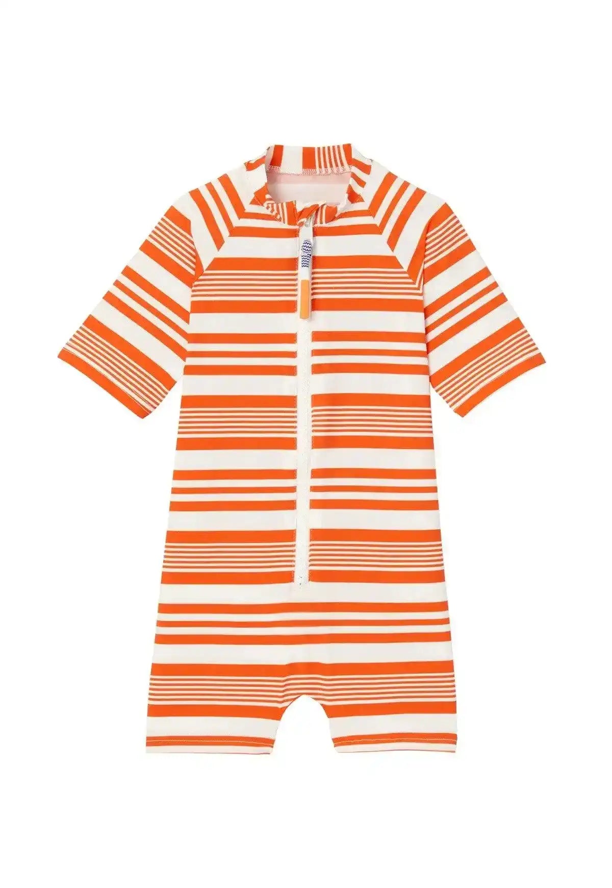 Boys' short-sleeve orange and white striped UV-protection swimsuit with front zipper