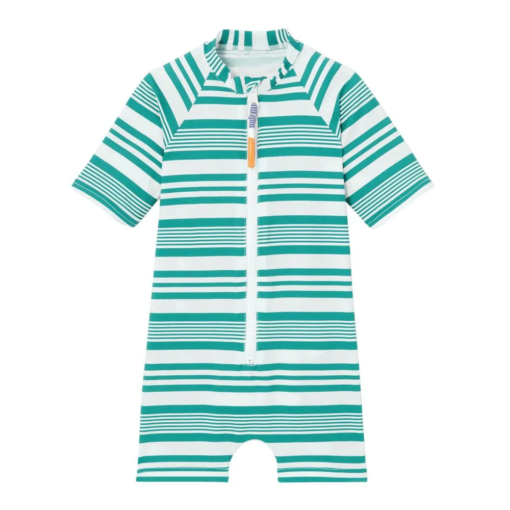 Short-sleeve boys UV protection swimsuit with green and white stripes and front zipper