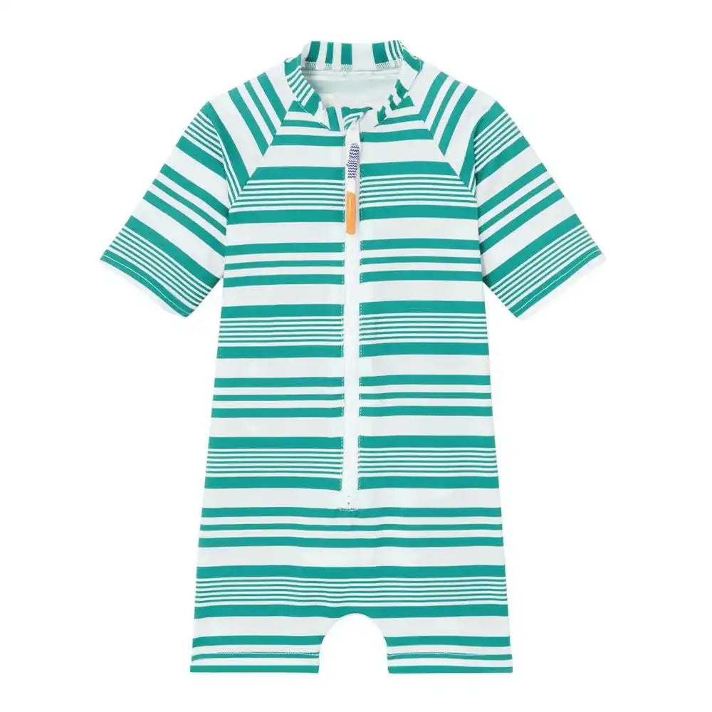 Green striped short-sleeve boys' anti-UV swimsuit by Lison Paris with front zipper
