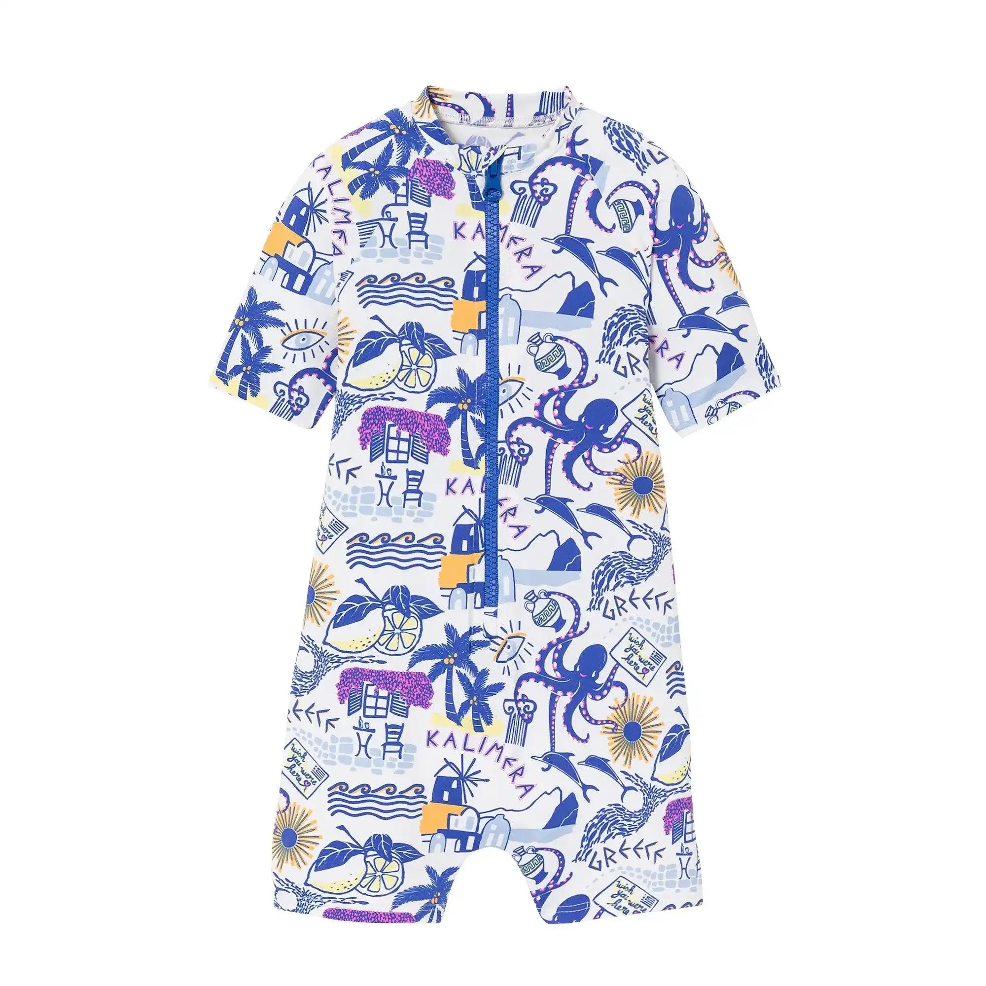 Boy's short-sleeve anti-UV swimsuit with Greek motifs, Paros design by Lison Paris