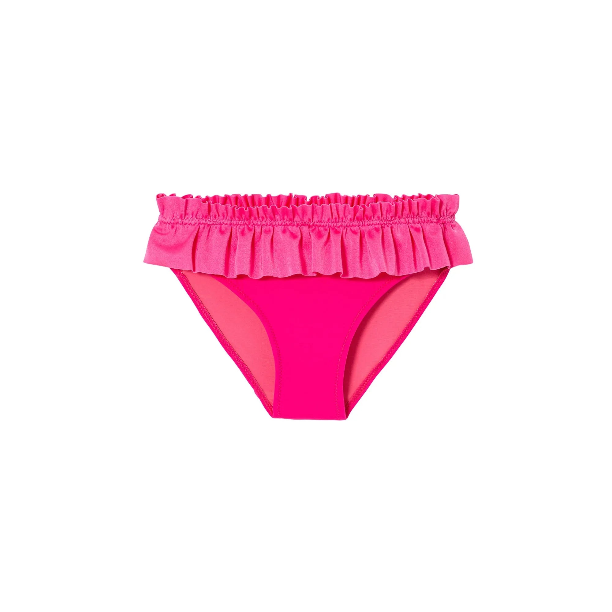 Bright pink baby girl swim bottoms with ruffled waistband on white background