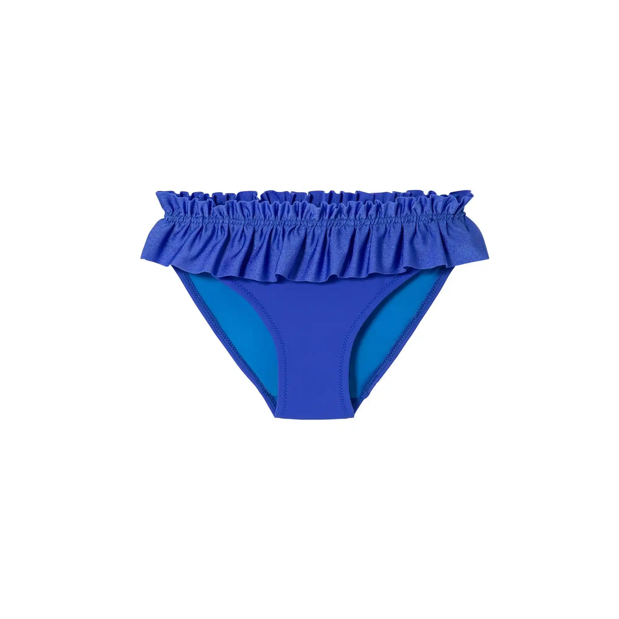 Blue baby girl swim briefs with ruffle, UV protection, Lison Paris beachwear