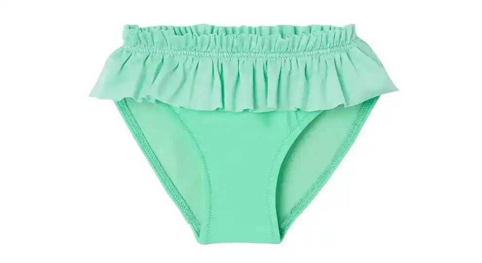 Mint green baby girl swim bottoms with ruffle waistband, anti-UV fabric