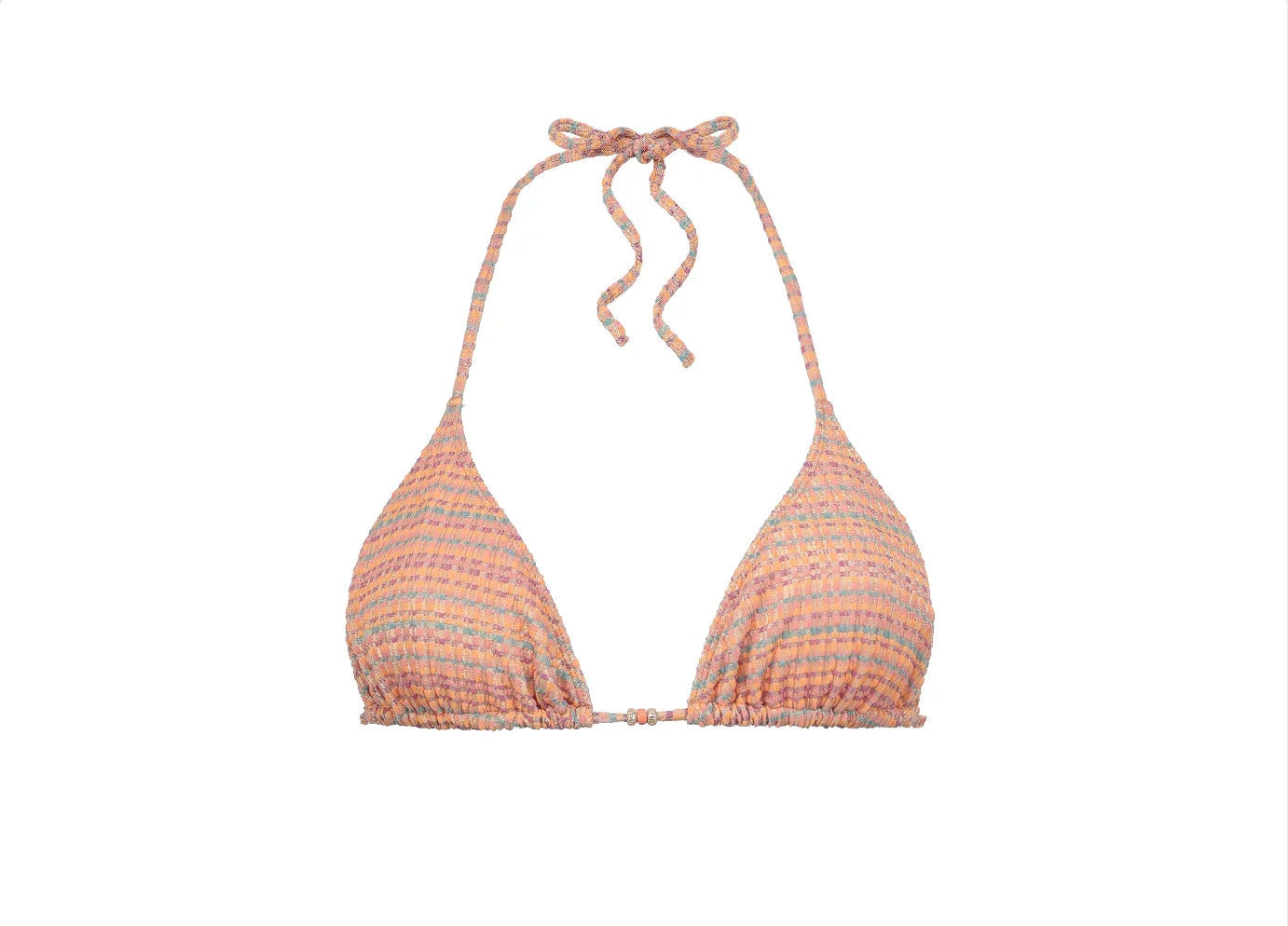 Coral and gold striped women's bikini top with halter neck tie