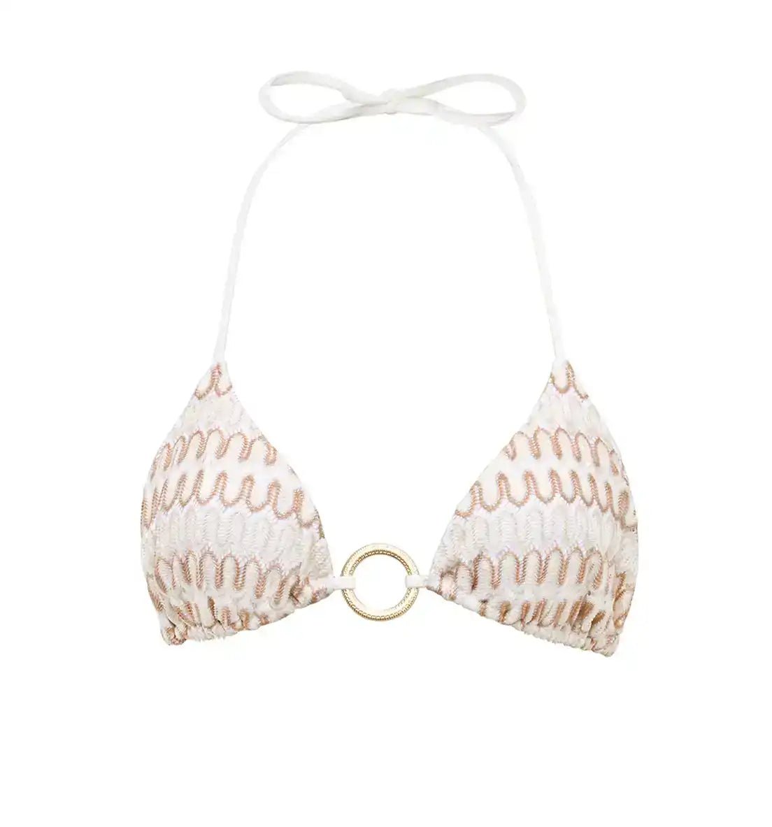 White crochet bikini top with gold ring detail and wavy pattern on white background