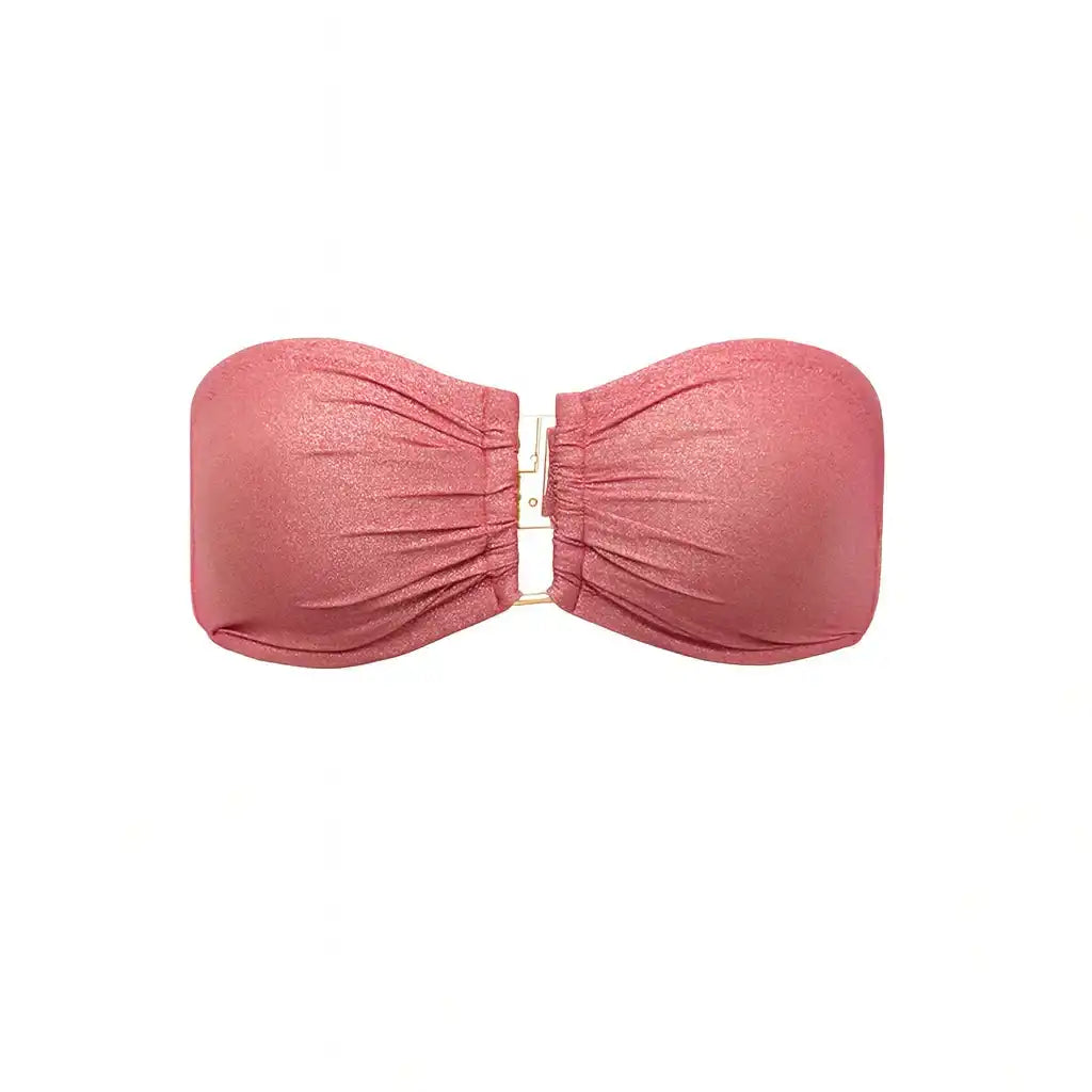 Pink bandeau bikini top for women with gold clasp, Lison Paris swimwear collection.