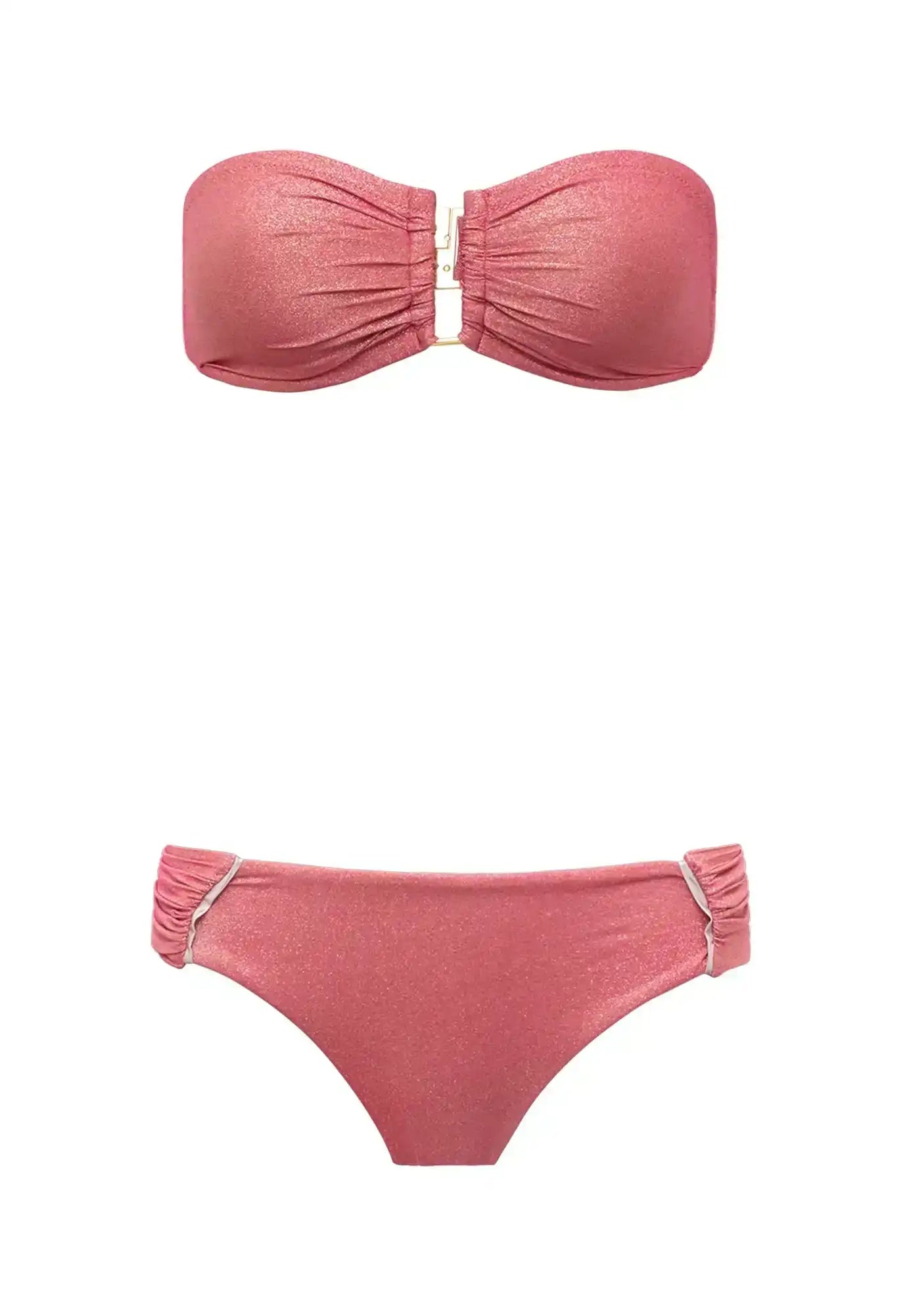 Pink bandeau bikini with gold clasp, shimmer fabric, Lison Paris swimwear