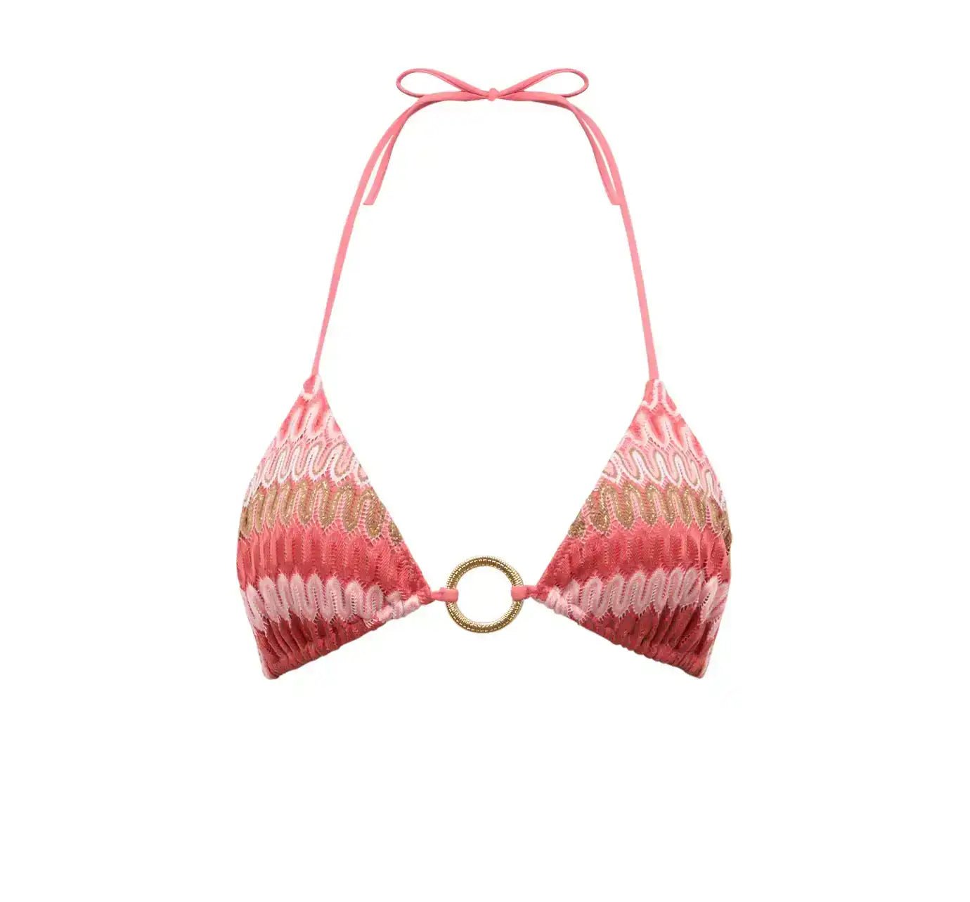 Coral crochet bikini top with gold ring detail and wavy pattern on white background