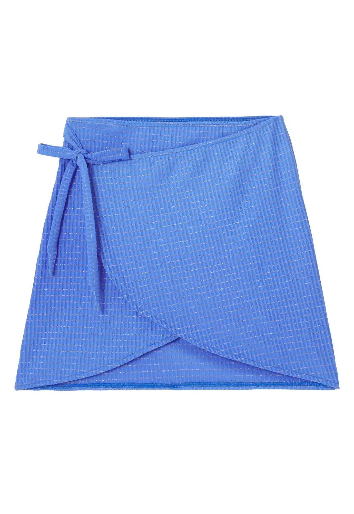 Blue wrap skirt with gold lurex details by Lison Paris, beachwear for girls.