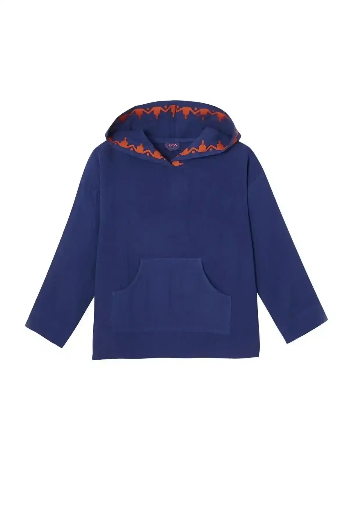 Boys' royal blue hooded caftan with orange pattern lining and front pocket