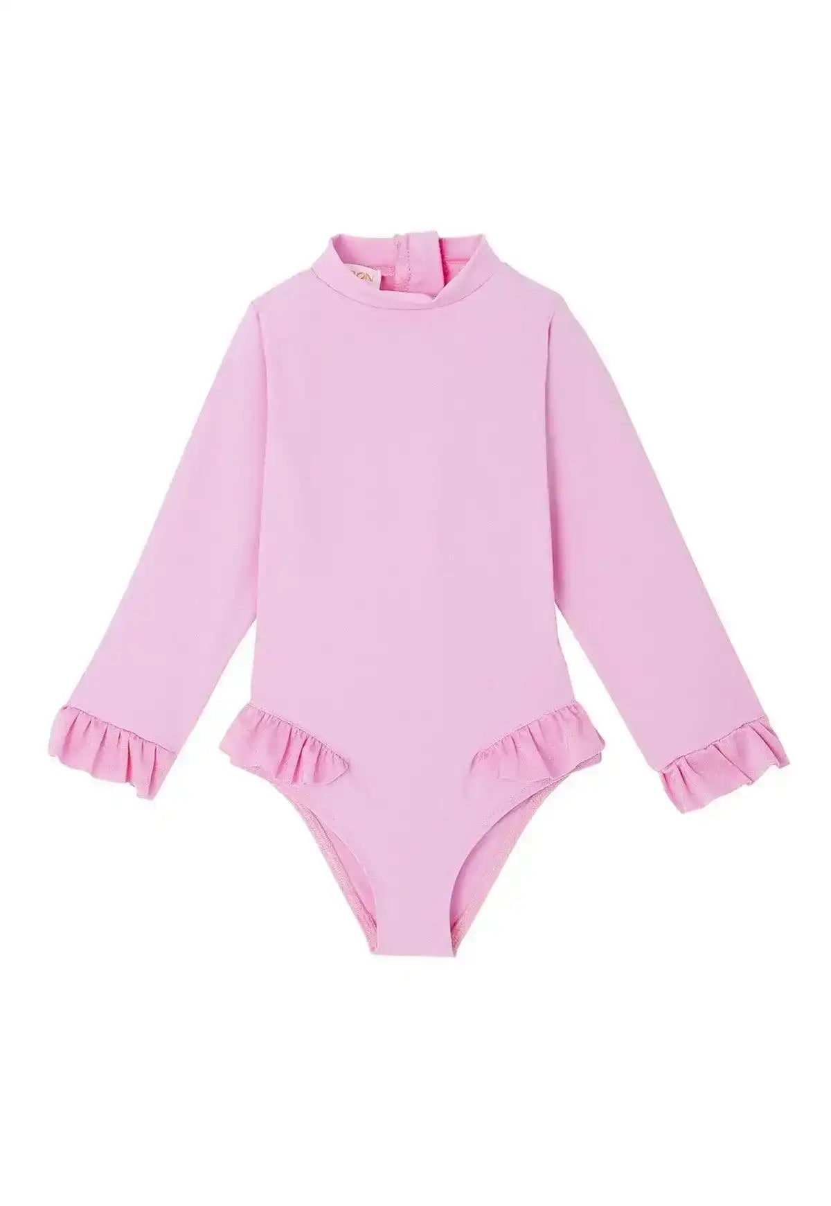 Light purple long sleeve baby girl swimsuit with ruffle trim, UV protection