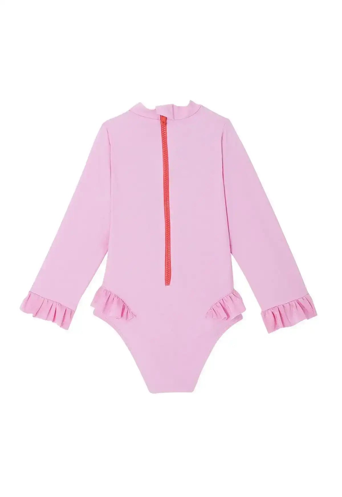 Lilac baby girl long sleeve UV swimsuit with ruffle details and front zipper