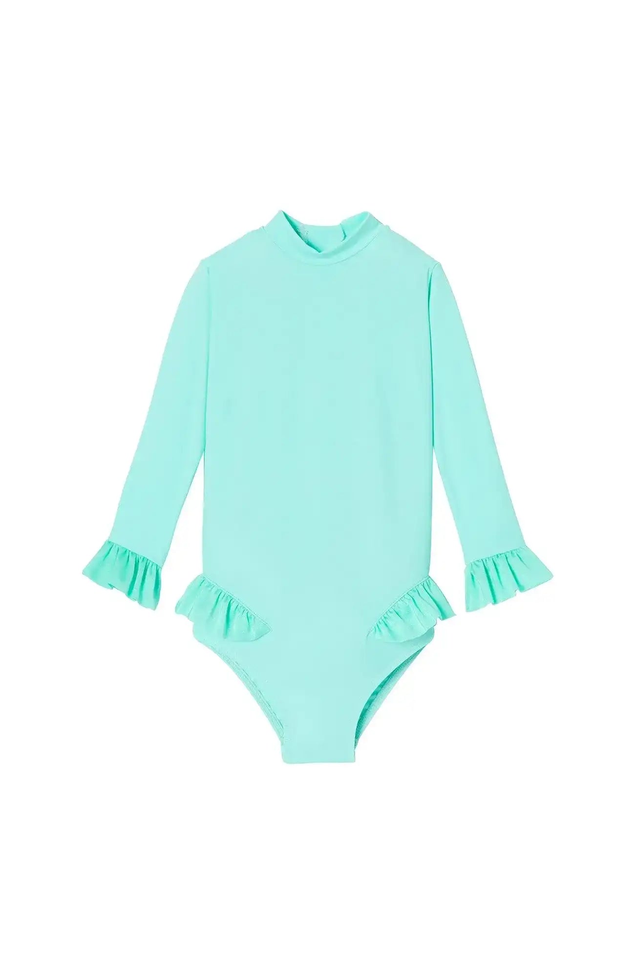 Aqua blue baby girl long sleeve UV protection swimsuit with ruffles, Lison Paris beachwear