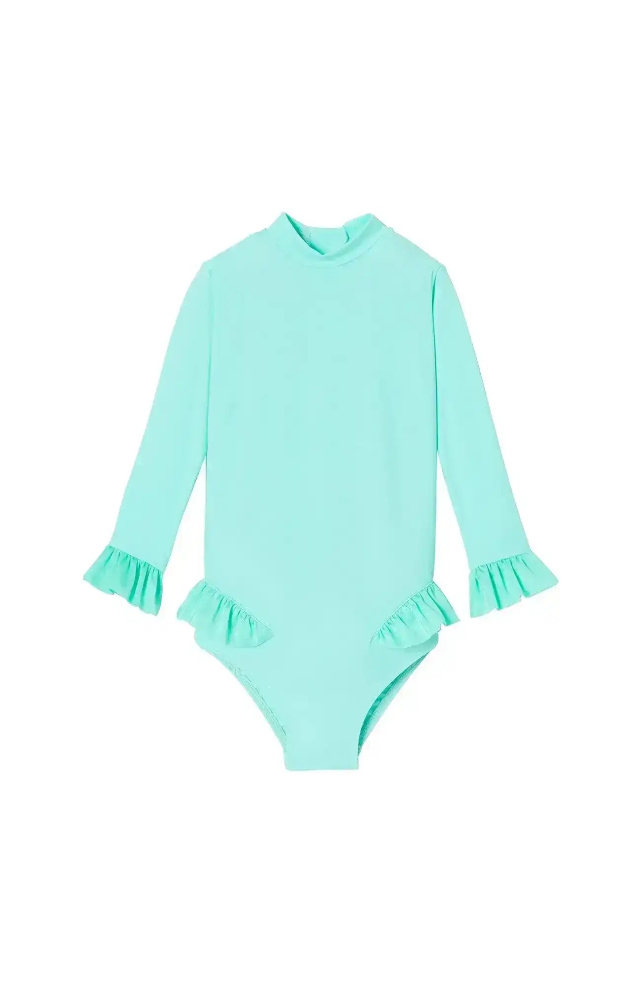 Anti-UV baby girl swimsuit, long sleeves aqua | BORA BORA BABY