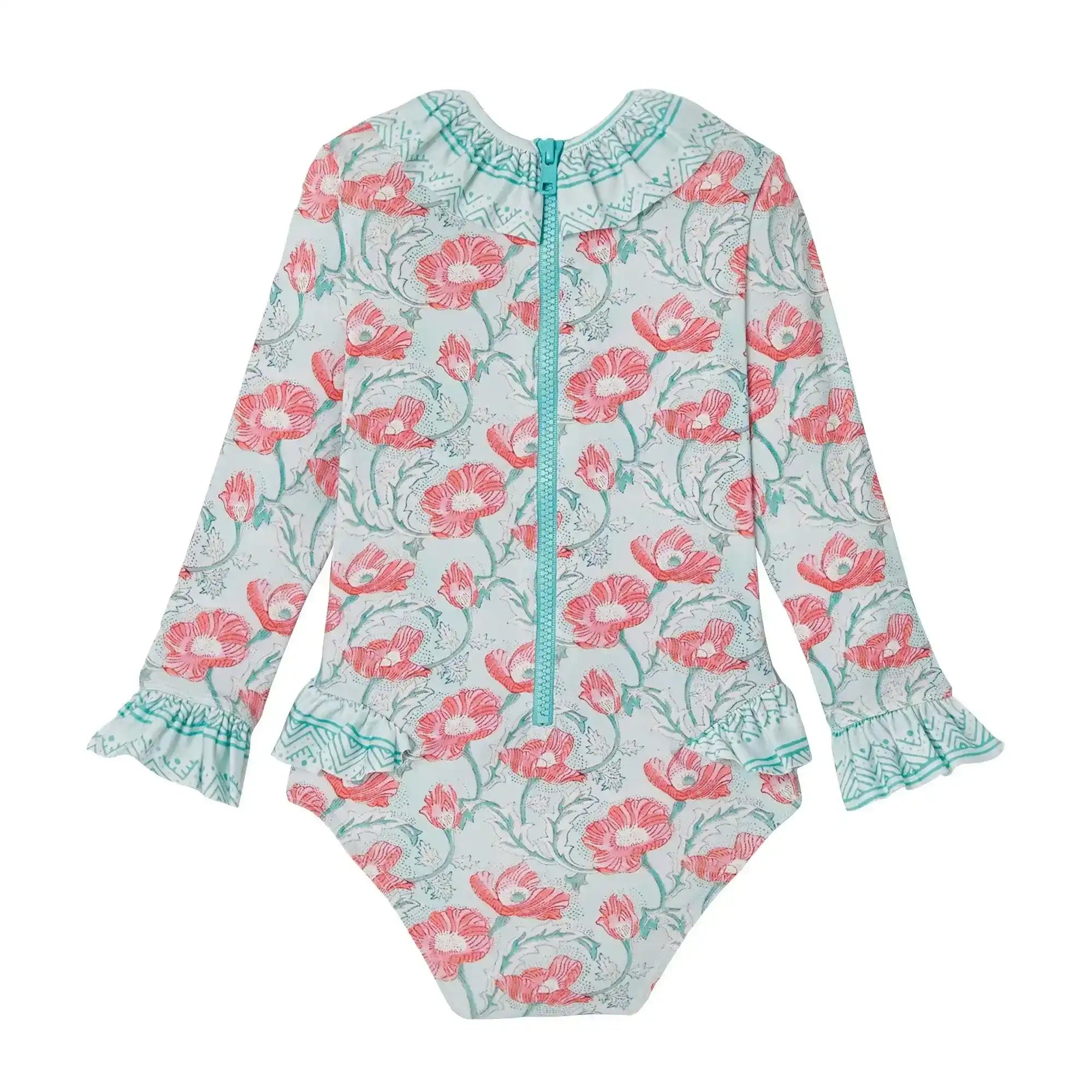 Long sleeve baby swimsuit with pink floral print, aqua ruffles, and UV protection