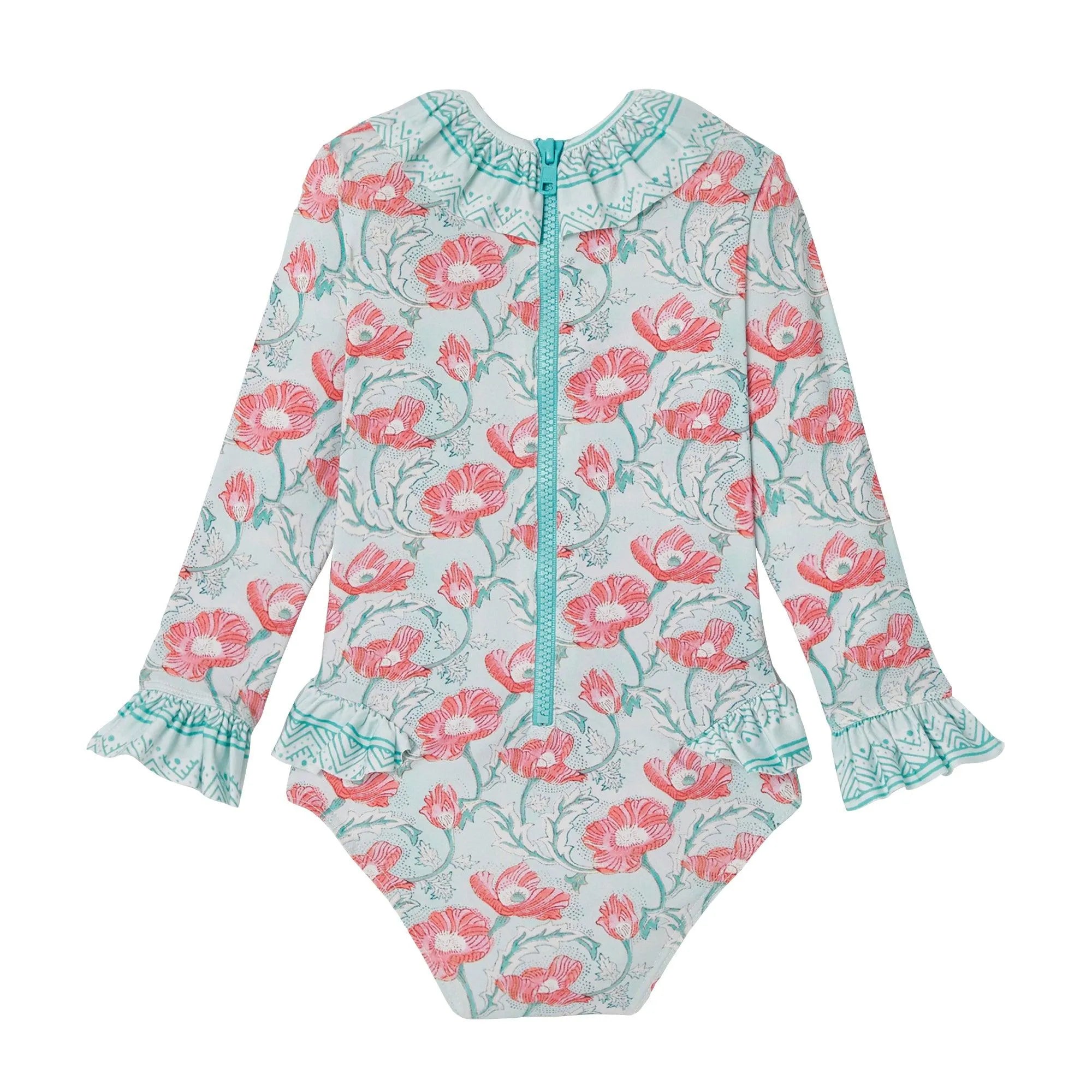 Maillot bébé fille Anti-UV, manches longues aqua | INDIA BEBE - Lison Paris