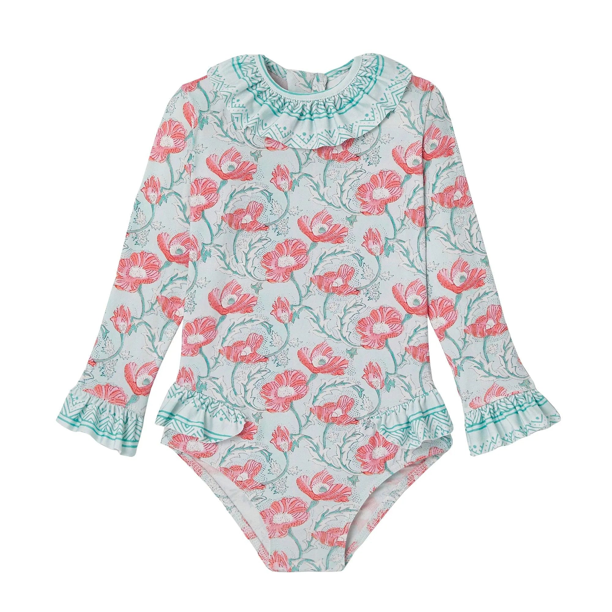 Maillot bébé fille Anti-UV, manches longues aqua | INDIA BEBE - Lison Paris